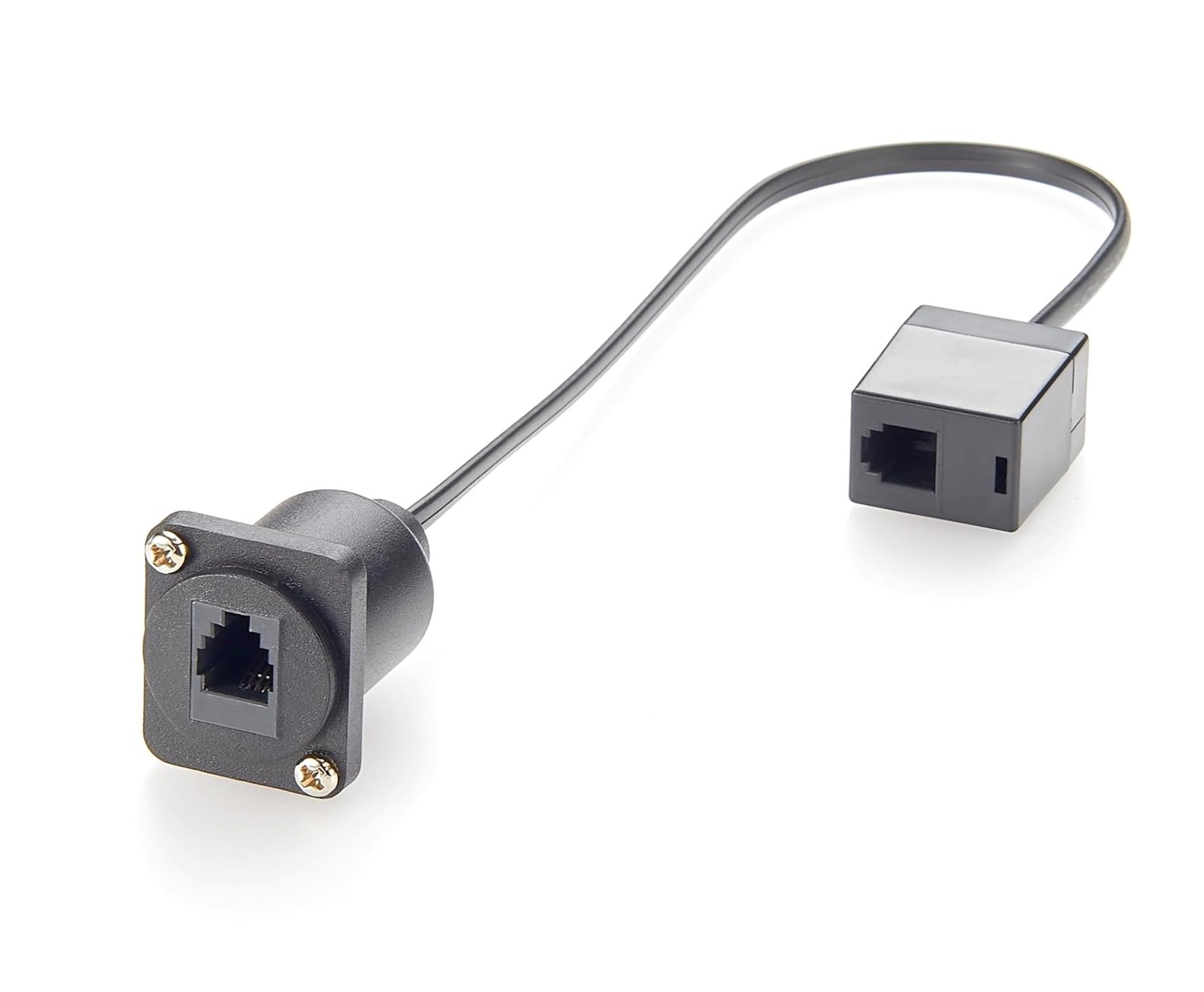 RJ9 4P4C panel mount female telephone jack with screw fixing connected to internal RJ9 female-to-female coupler for handset or IP phone line feed-through