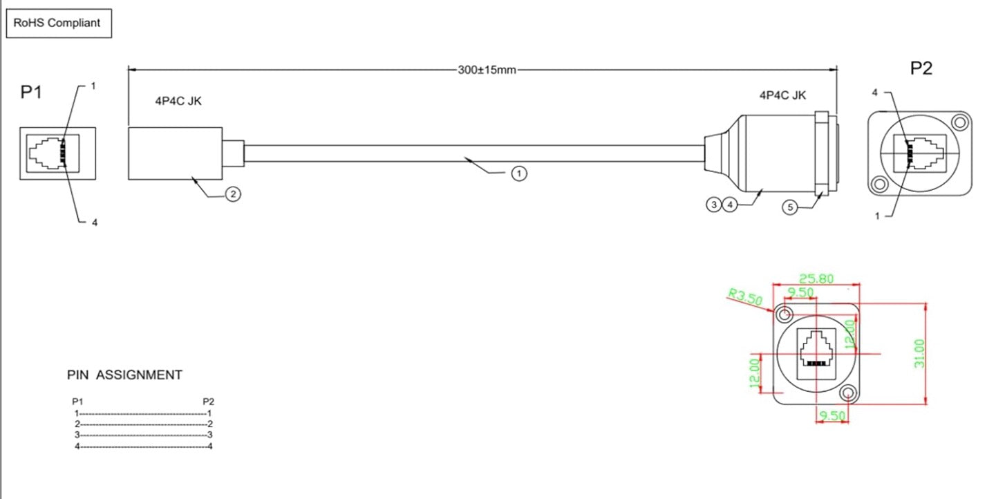 Technical diagram of electrical wiring with components labeled P1 and P2 on a white background.