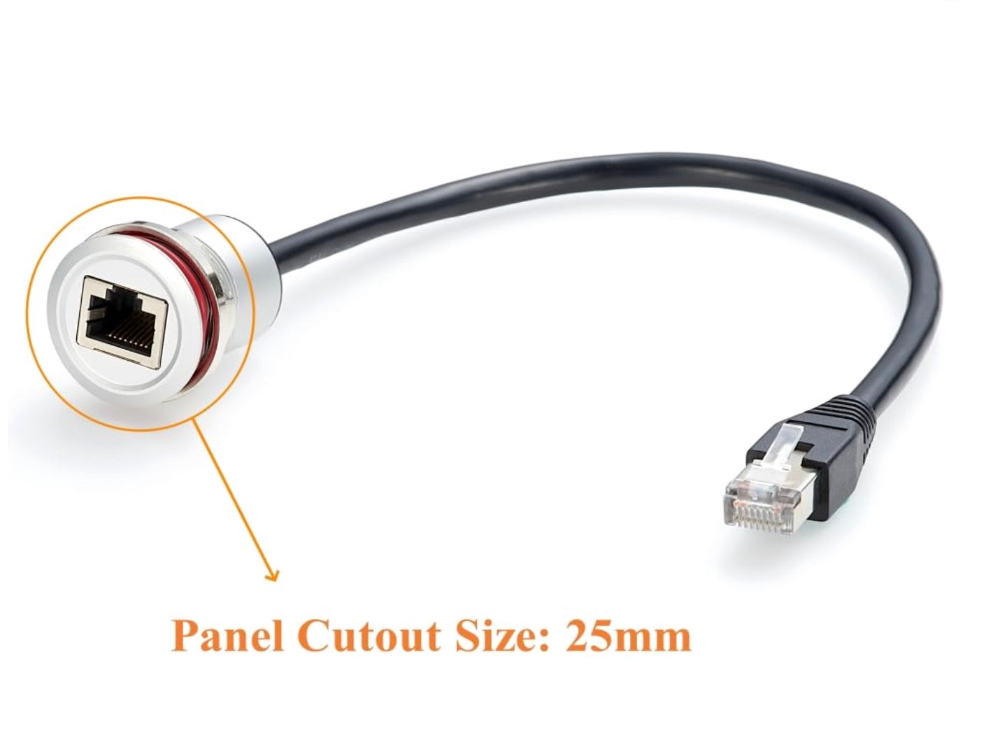 Ethernet cable with connector on a white background, labeled 'Panel Cutout Size: 25mm'.