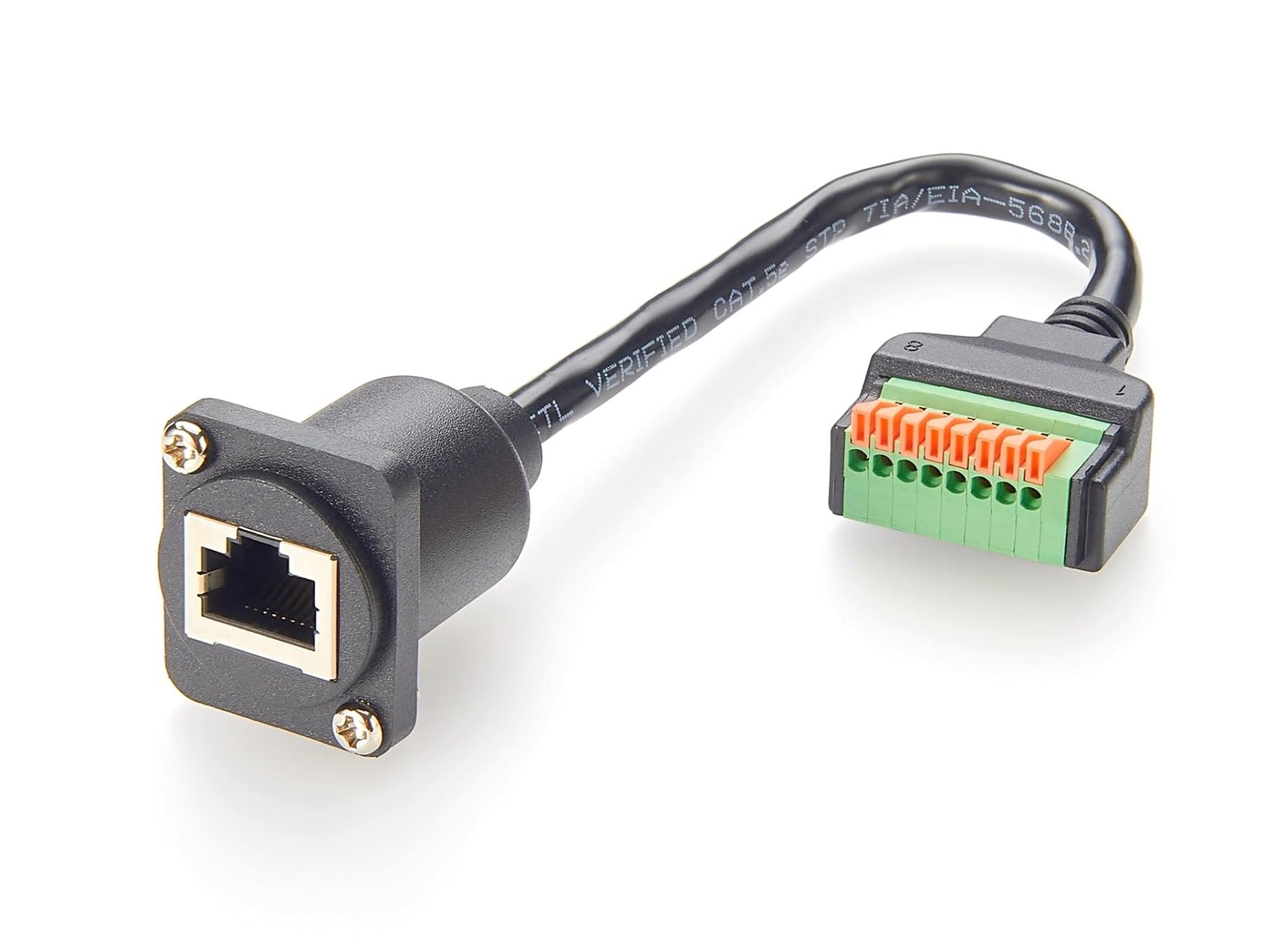 RJ45 D-type panel mount female Ethernet socket with CAT6 lead to 8-pin push-and-release terminal block connector for enclosure wiring