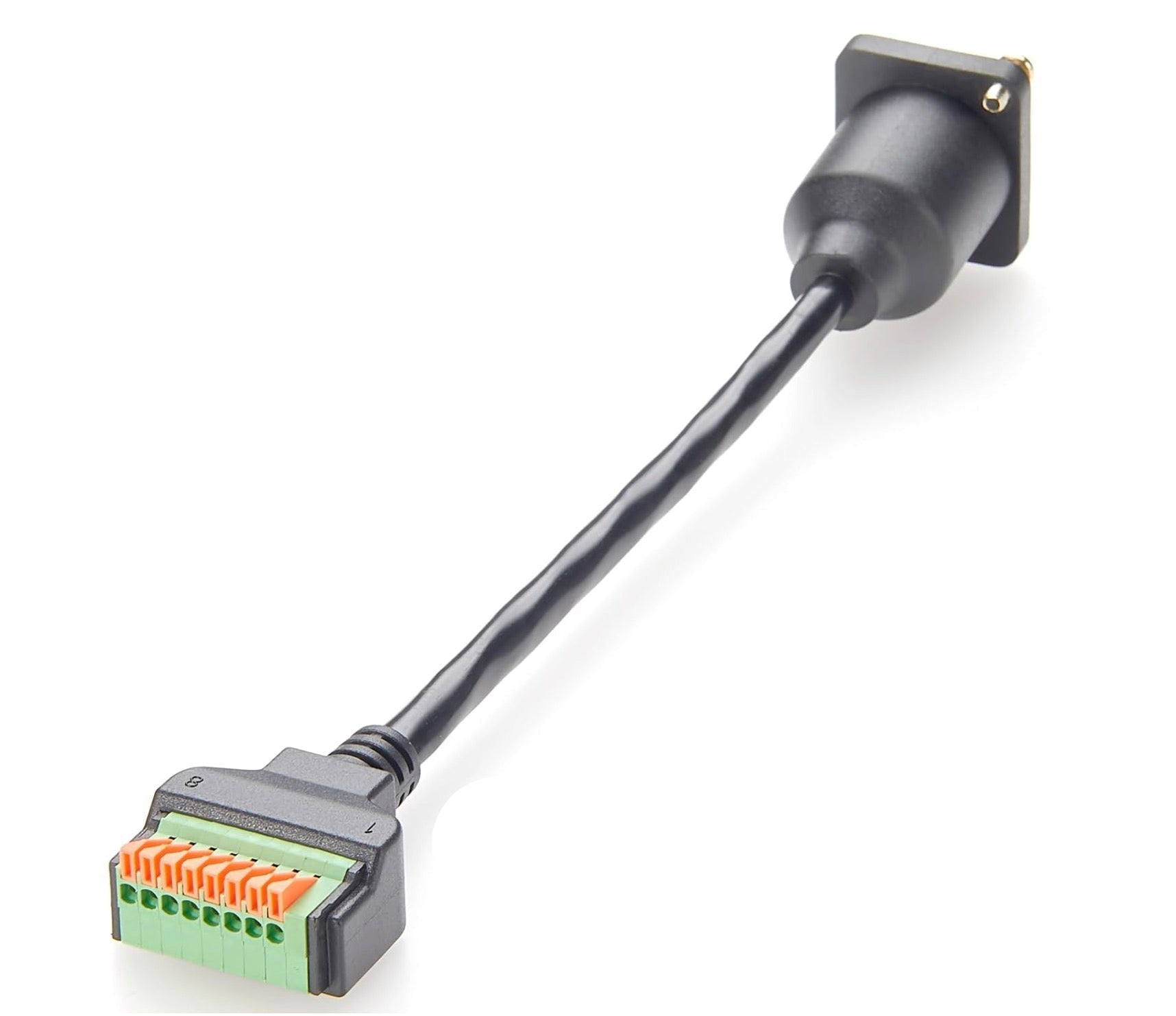 Black cable with green connector on a white background