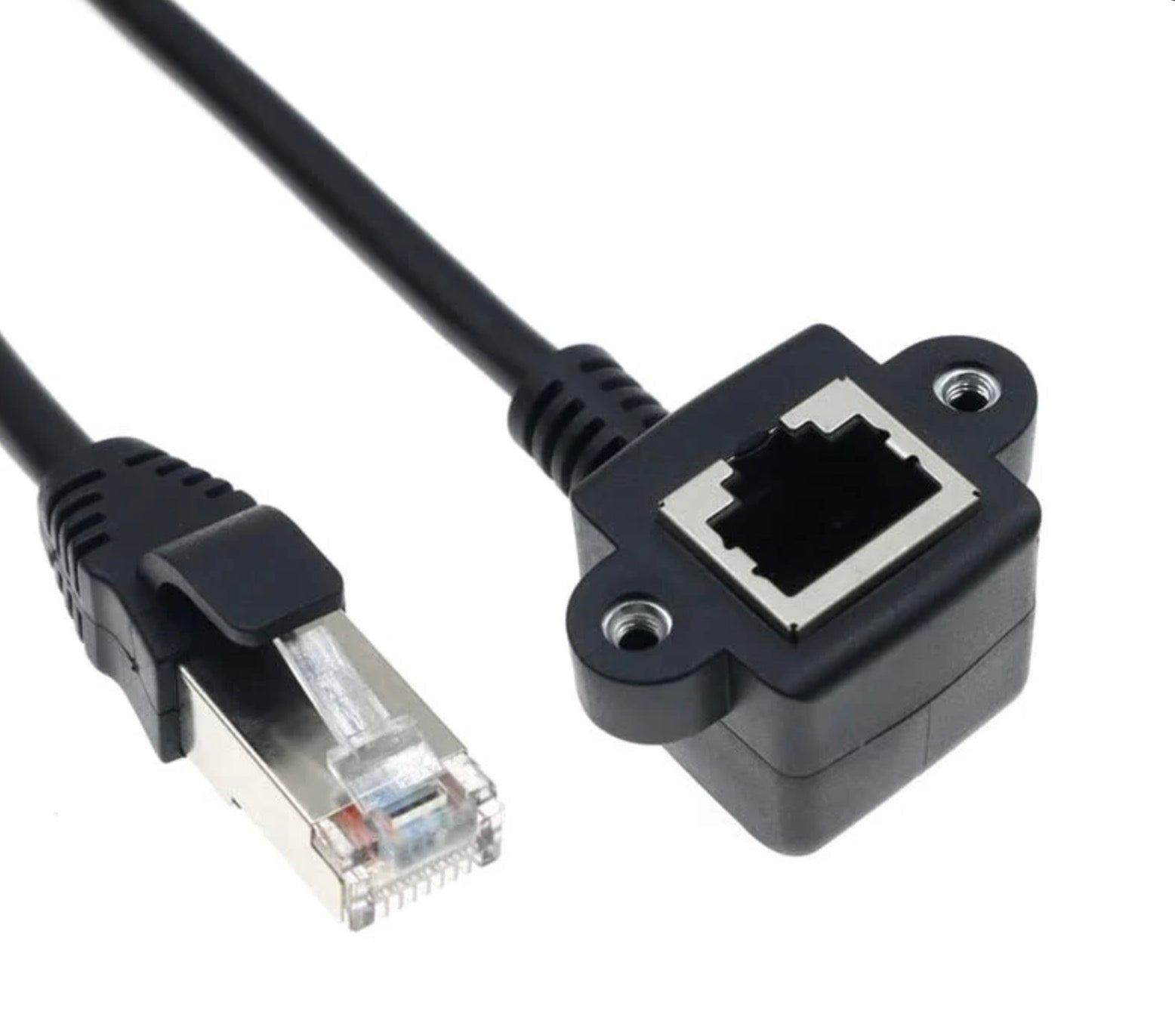 RJ45 Ethernet CAT5 shielded male to female panel mount extension cable with upward angle connector