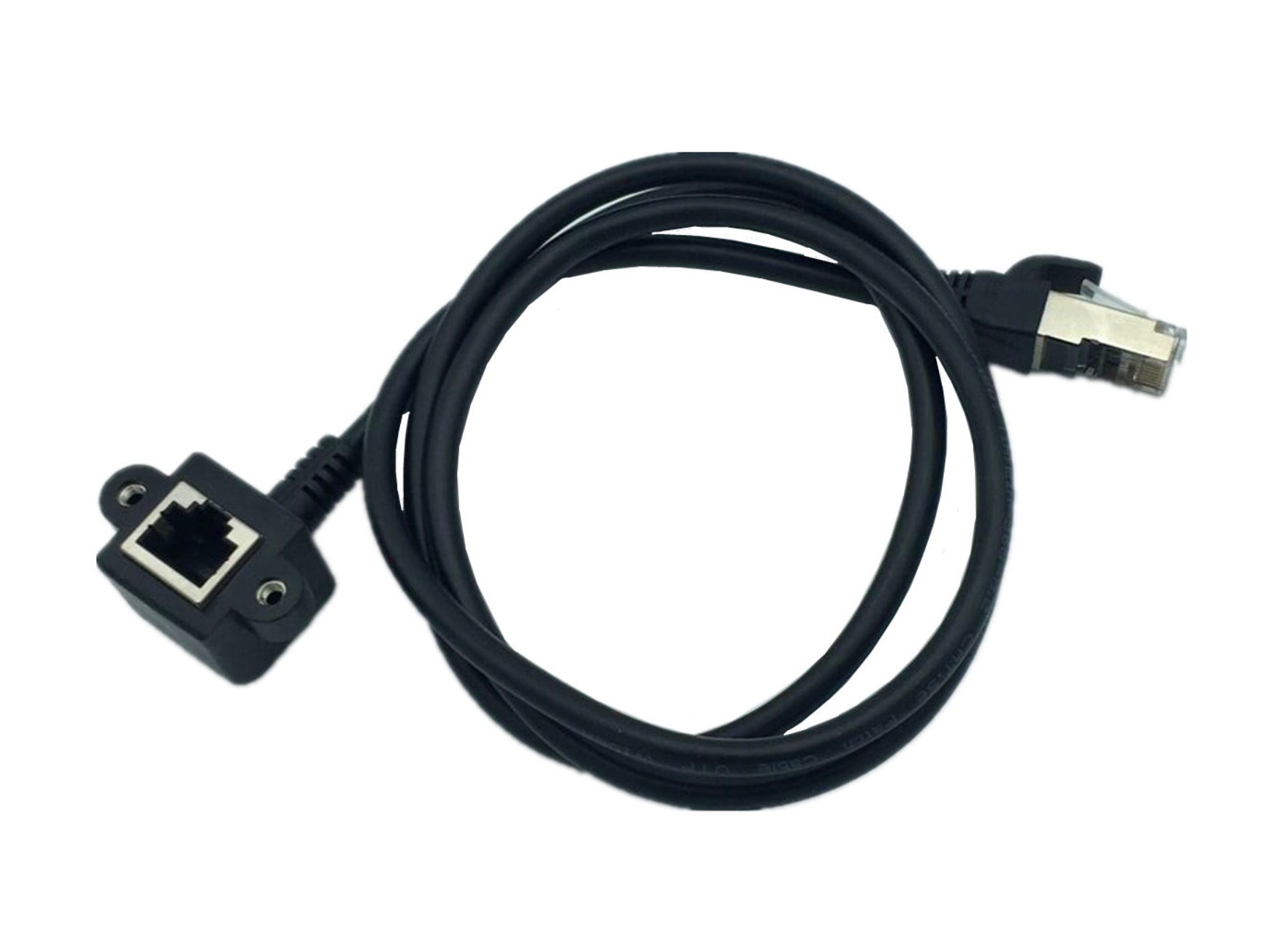Black Ethernet cable with RJ45 connectors on a white background