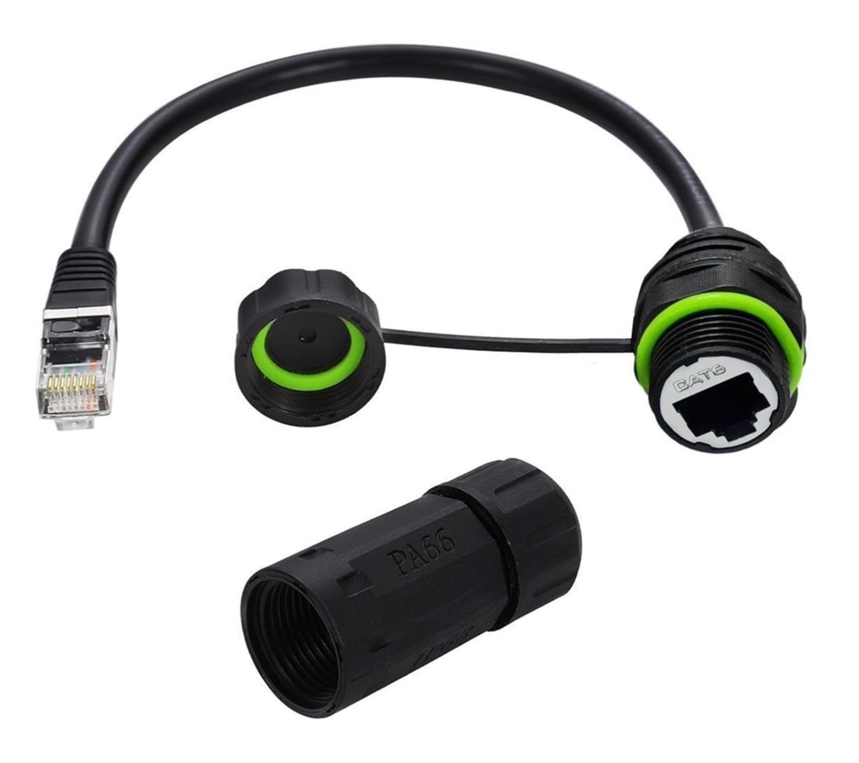 An RJ45 M20 waterproof connector with a black cable and green accents, including a male connector end, a female connector end, and a field installable coupler.
