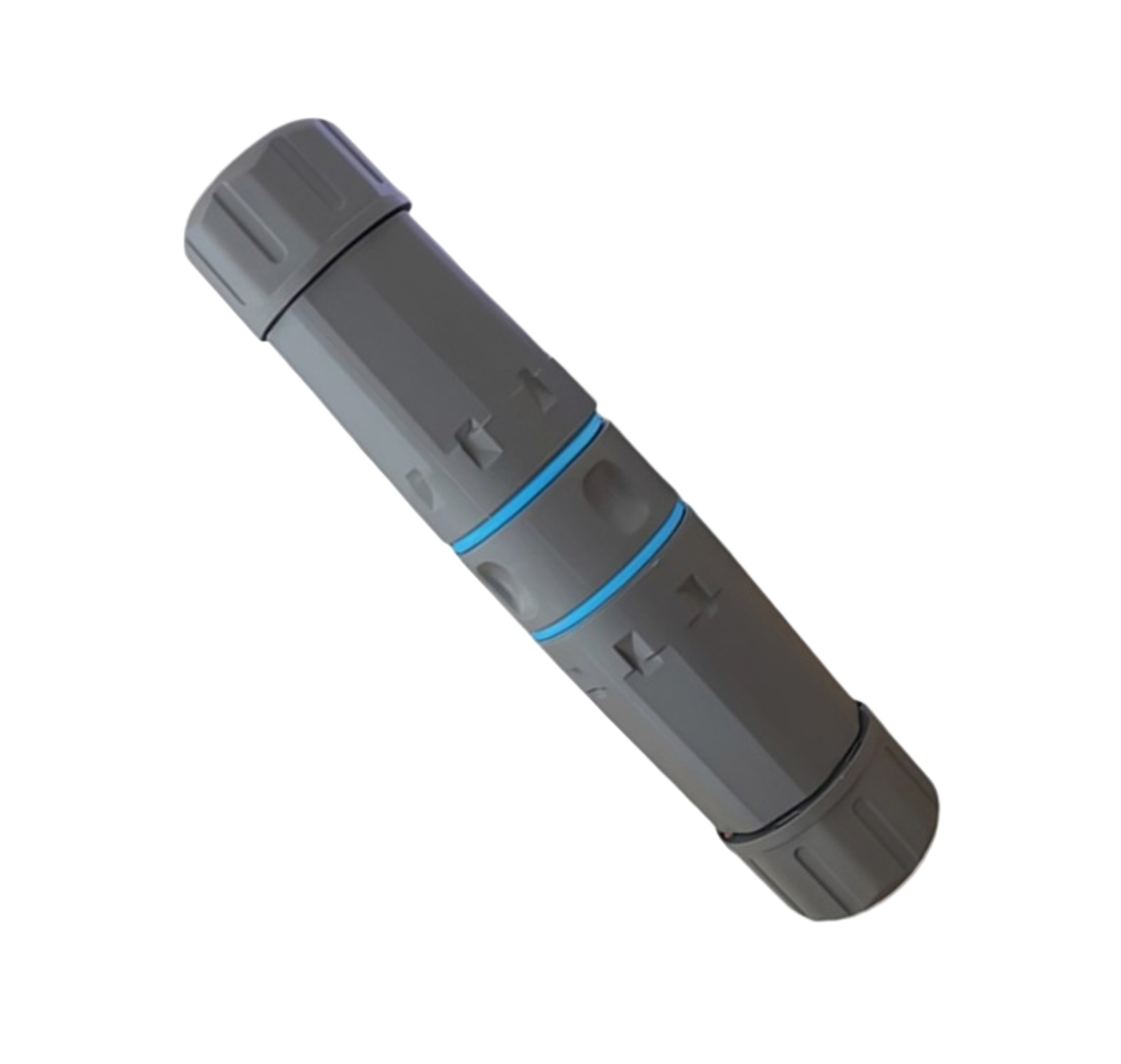 Gray cylindrical object with a blue band on a white background