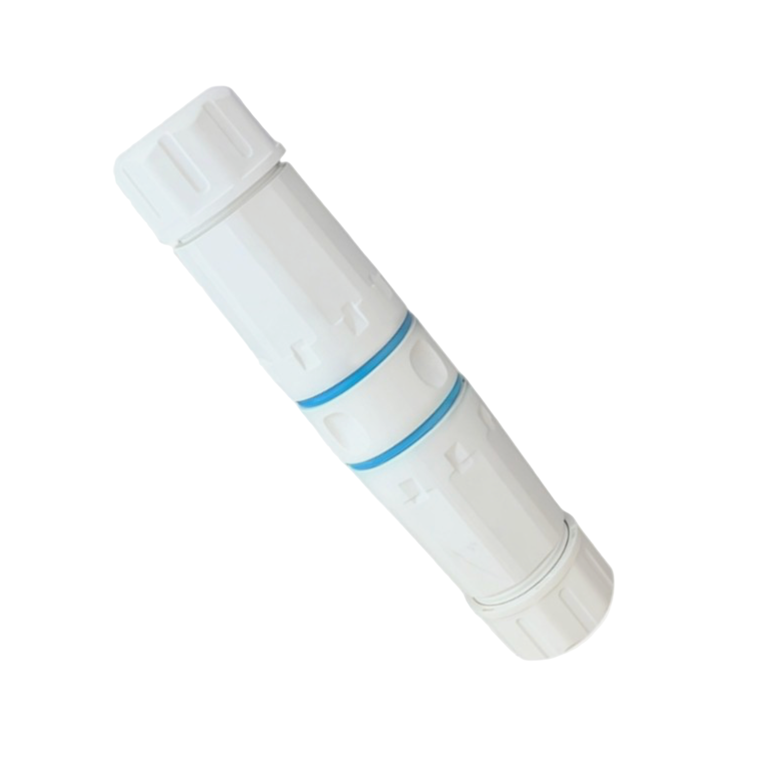 White cylindrical object with a blue stripe on a white background