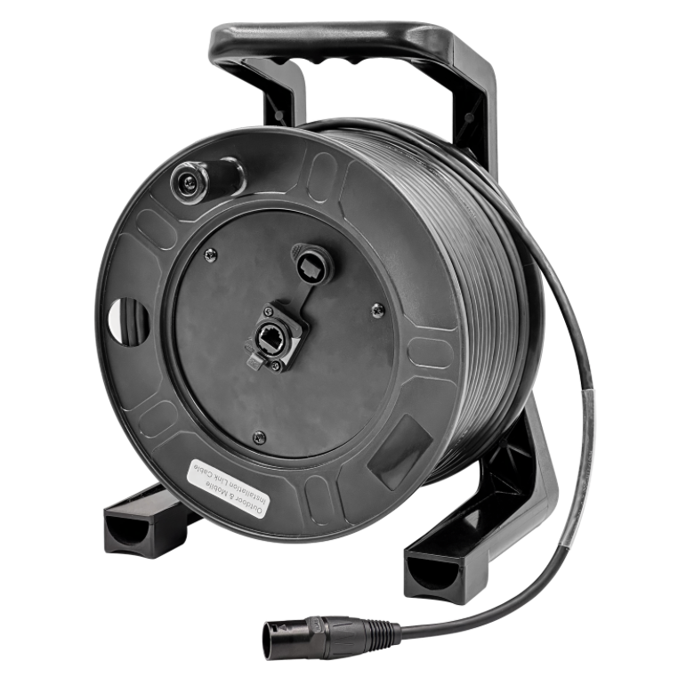 Black cable reel with cable on a white background