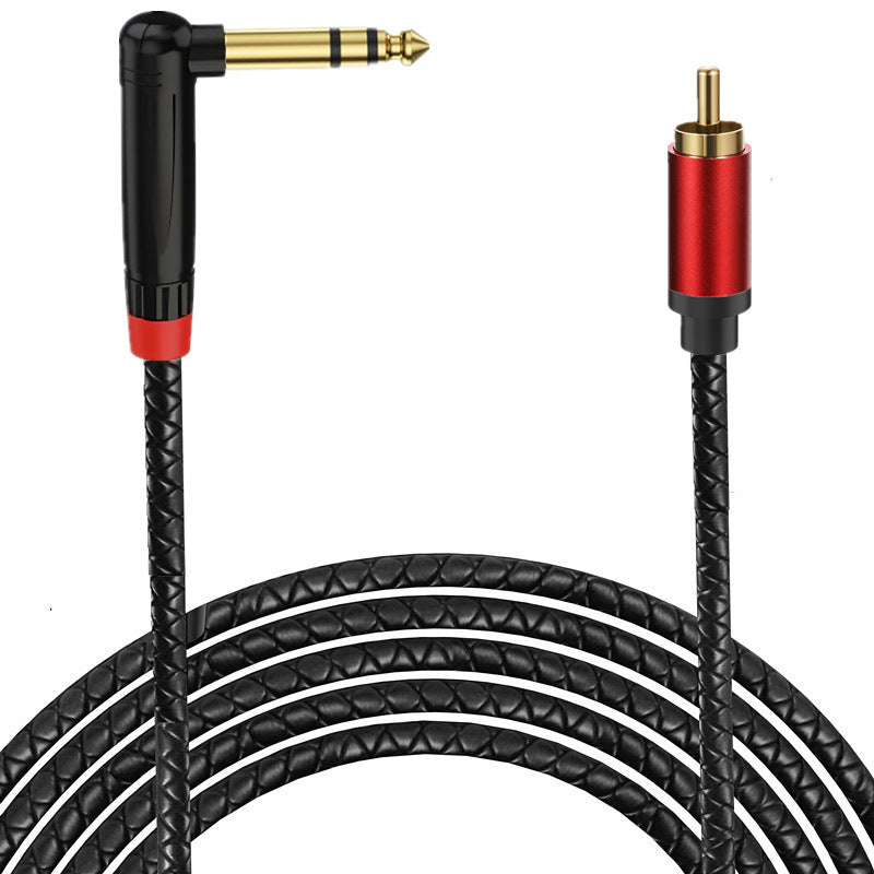 Audio cable with angled plug and red connector on a white background