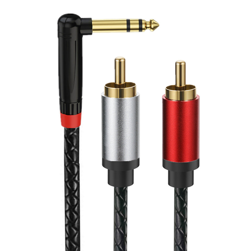 Right-angle 6.35mm TRS to dual RCA audio cable with braided jacket and gold-plated connectors