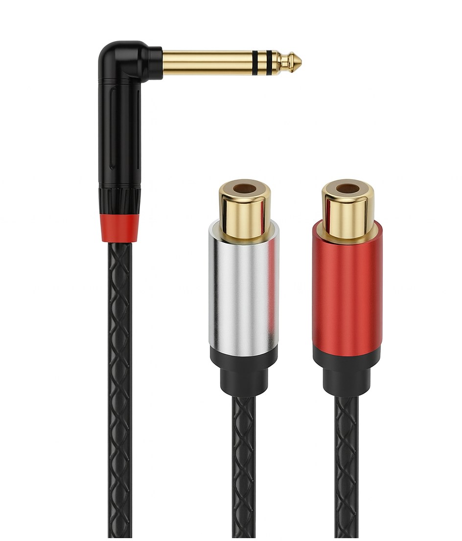Right-angle 6.35mm TRS to dual RCA female adapter cable with braided jacket and gold-plated connectors