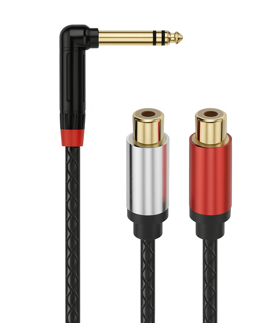 Right-angle 6.35mm TRS to dual RCA female adapter cable with braided jacket and gold-plated connectors
