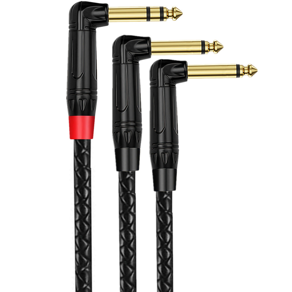 Right-angle 6.35mm audio cable with black braided jacket and gold-plated connectors