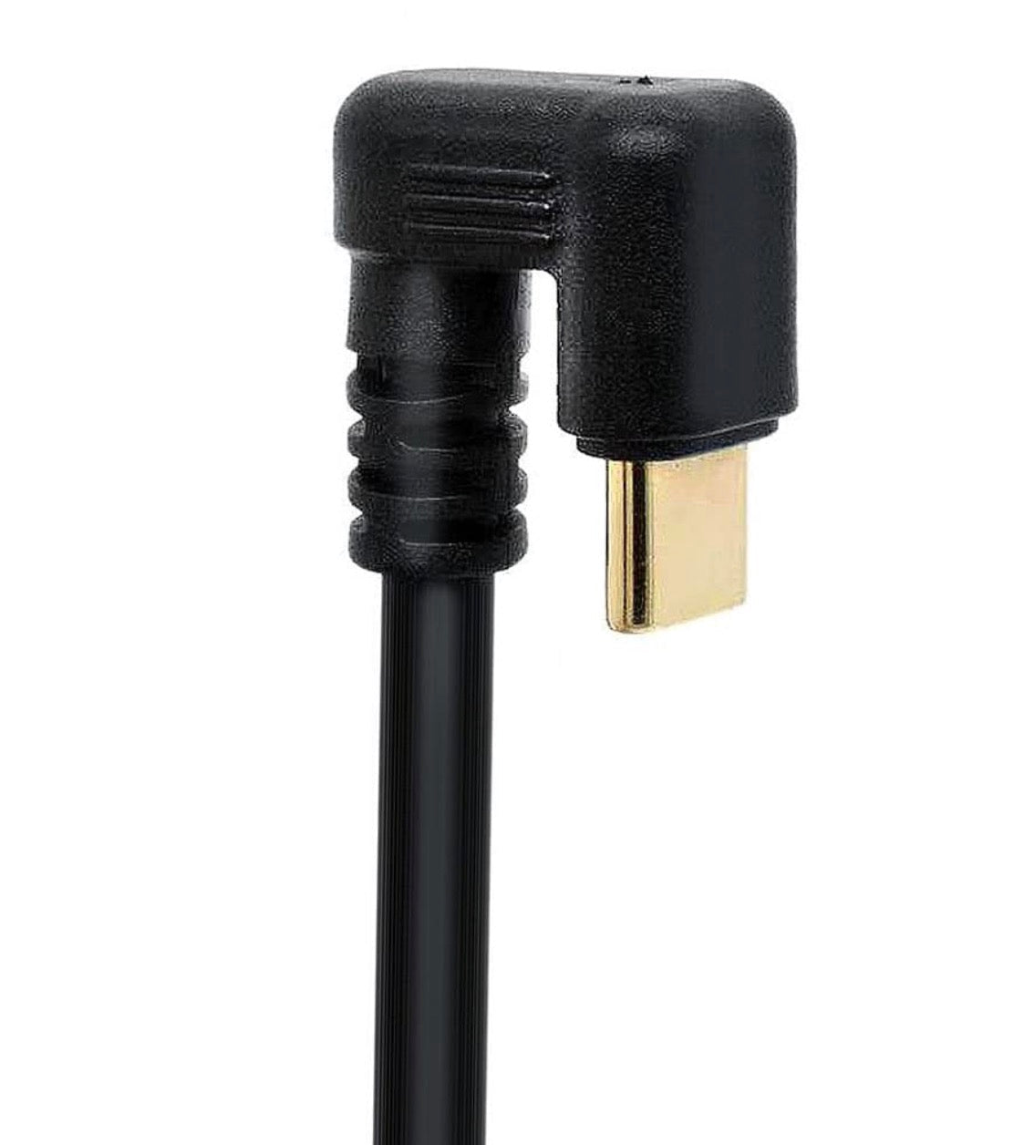 Black and gold USB C cable connector on a white background