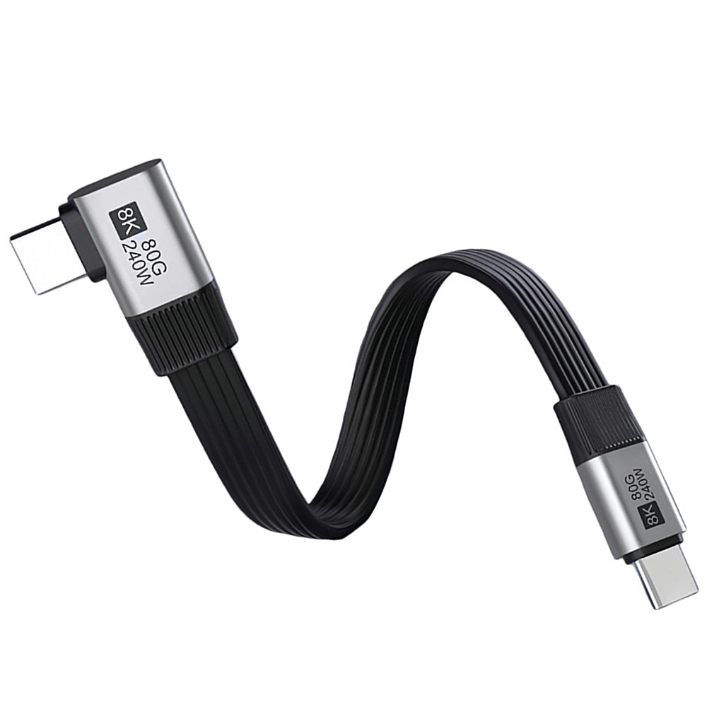 Black USB-C cable with metal connectors on a white background