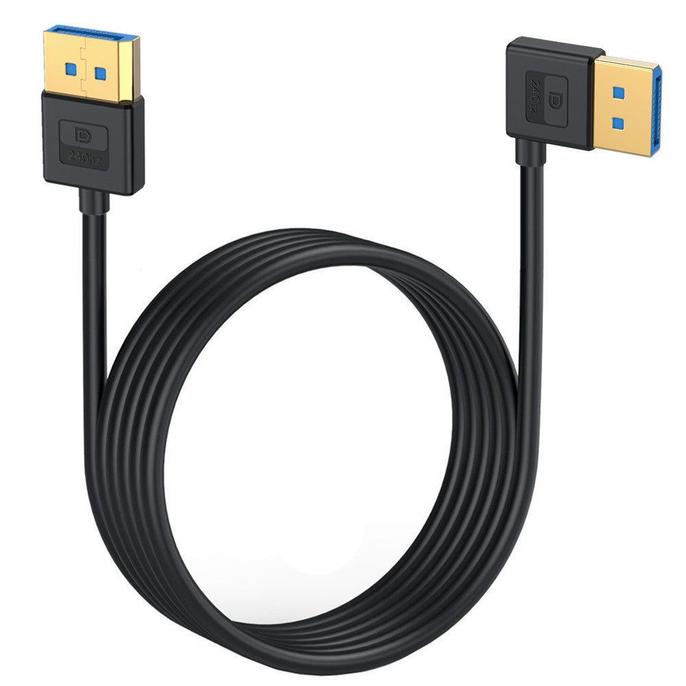 A black DisplayPort 1.4 cable with a right angle connector on one end and a standard connector on the other, with gold-plated connectors.