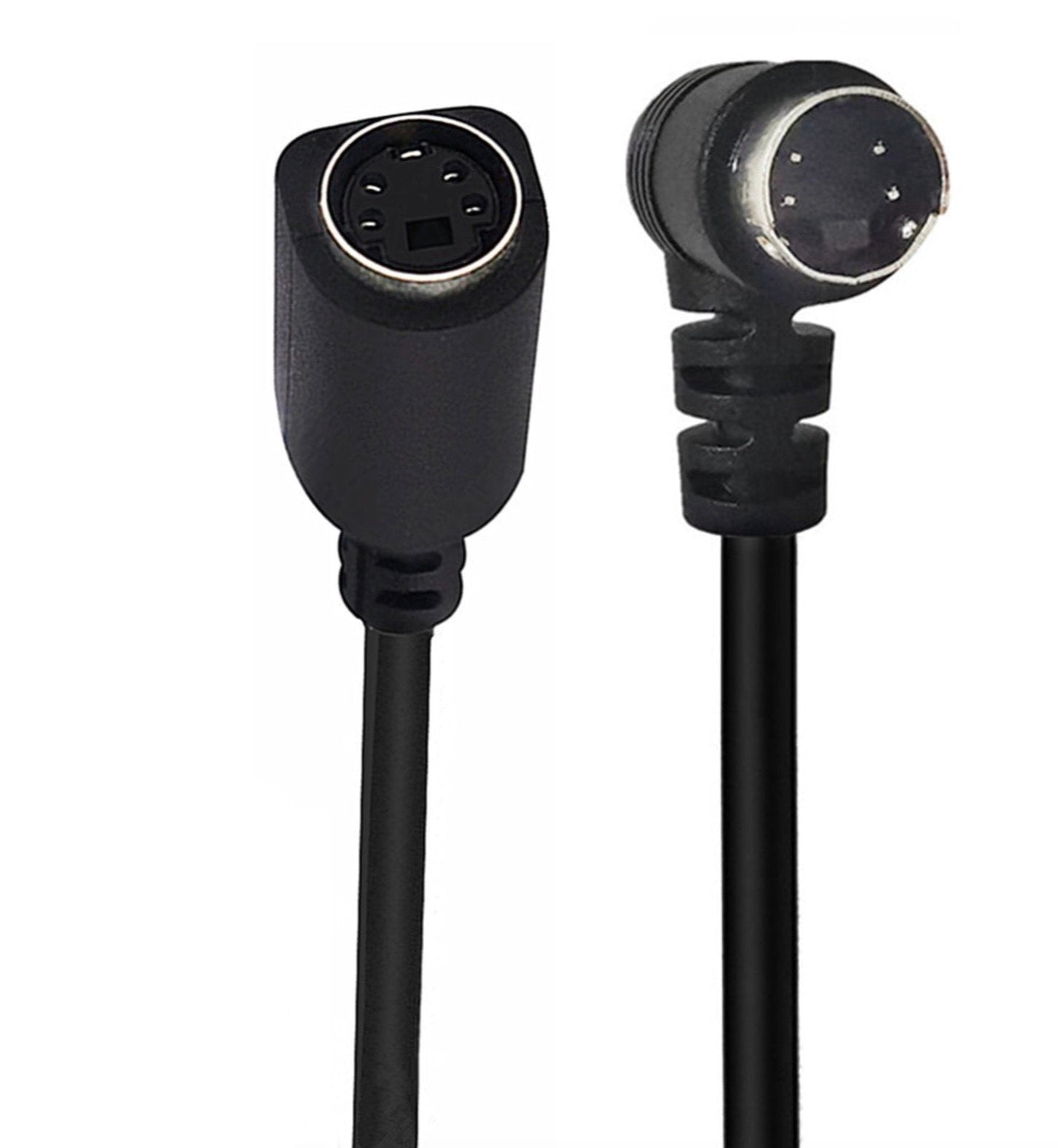 A black Mini DIN 4 Pin S-Video Extension Cable with an angled connector on one end and a standard S-Video connector on the other.