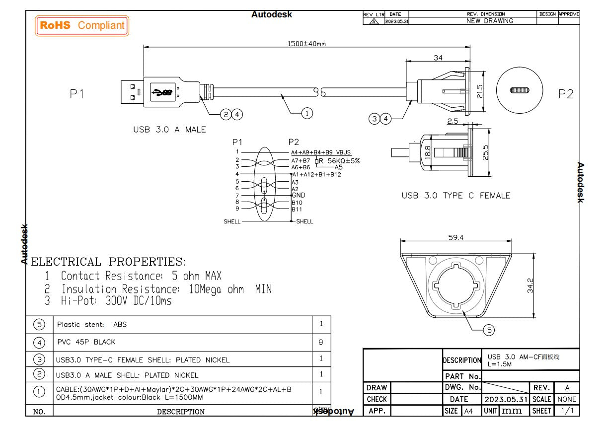USB 3.0 Car Flush Panel Mount Male to Female Extension Cable for Car Truck Boat Motorcycle Dashboard
