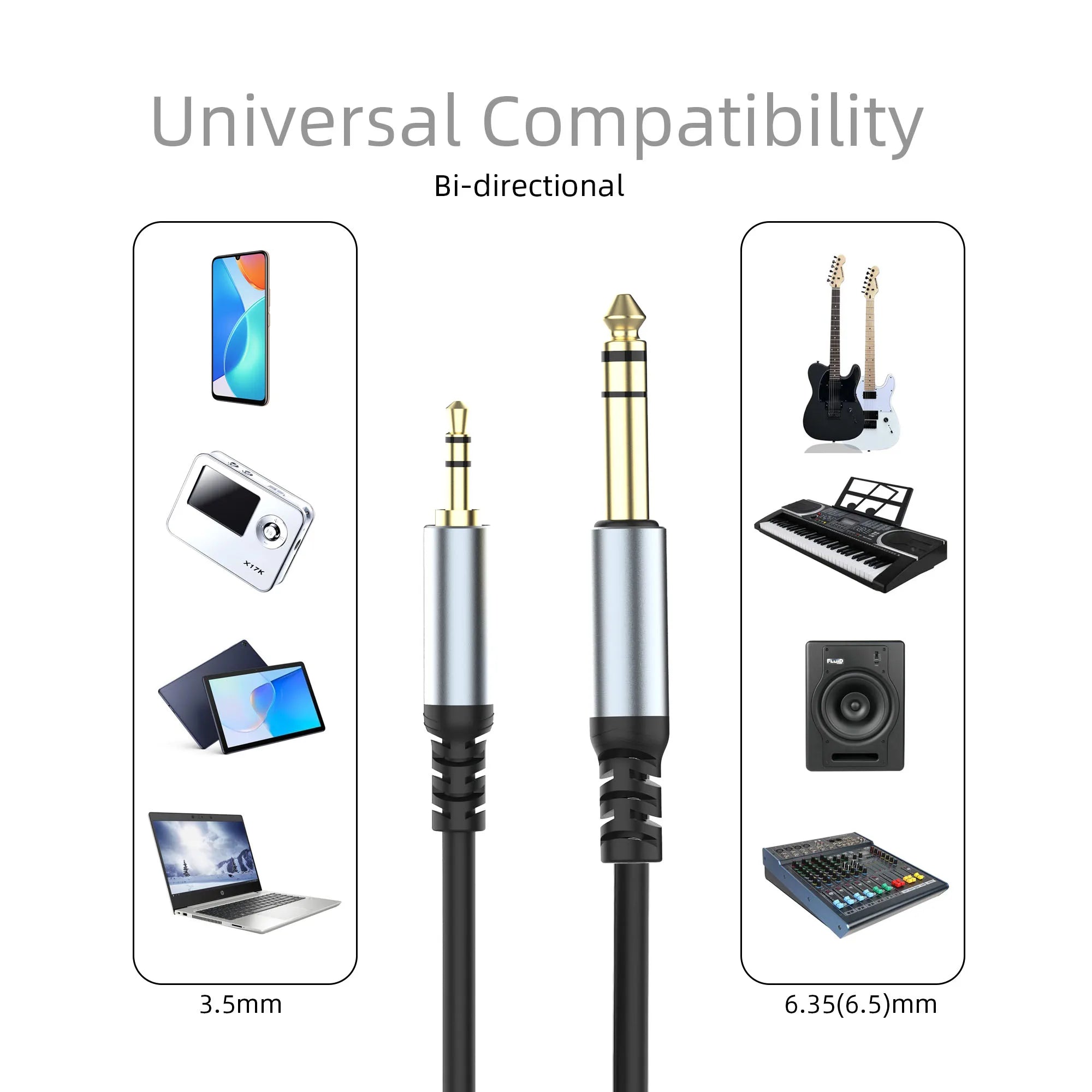 3.5mm to 6.35mm TRS Stereo Audio Extension Cable 1.8m