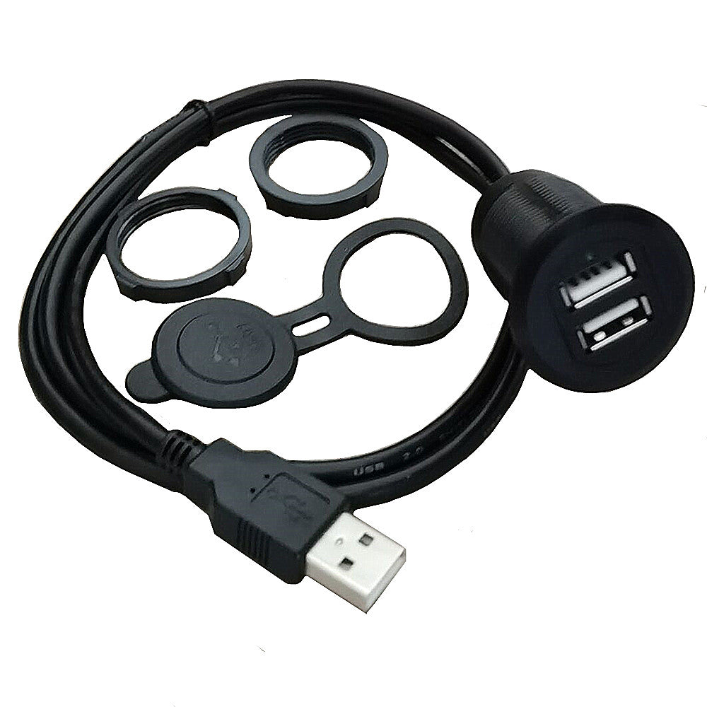 USB 2.0 Dual Ports Panel Flush Mount with LED light Extension Cable for Car Truck Boat Motorcycle Dashboard 1m