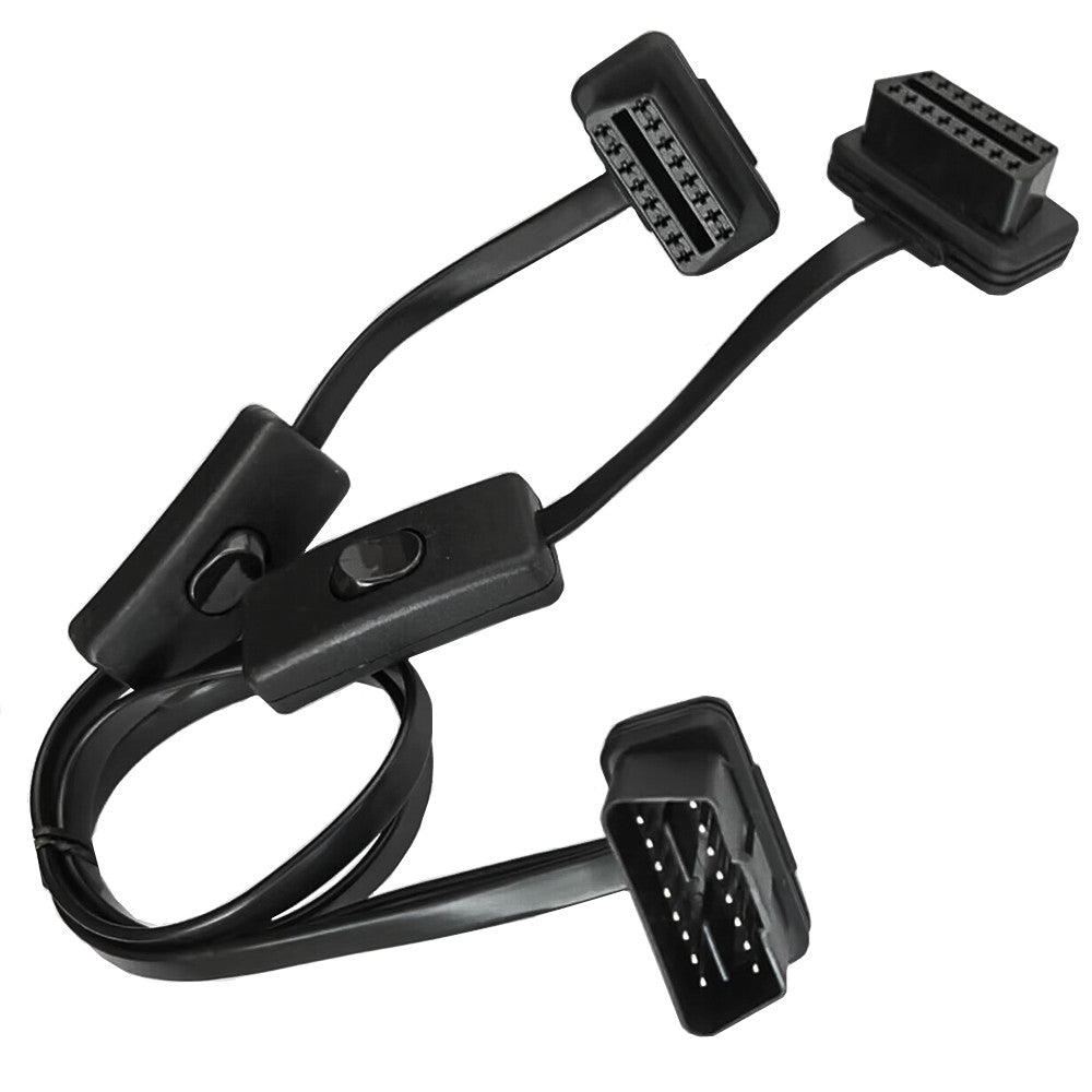 OBD II OBD2 16Pin 1 Male to 2 Female Extension Cable With Power Switch 0.5m
