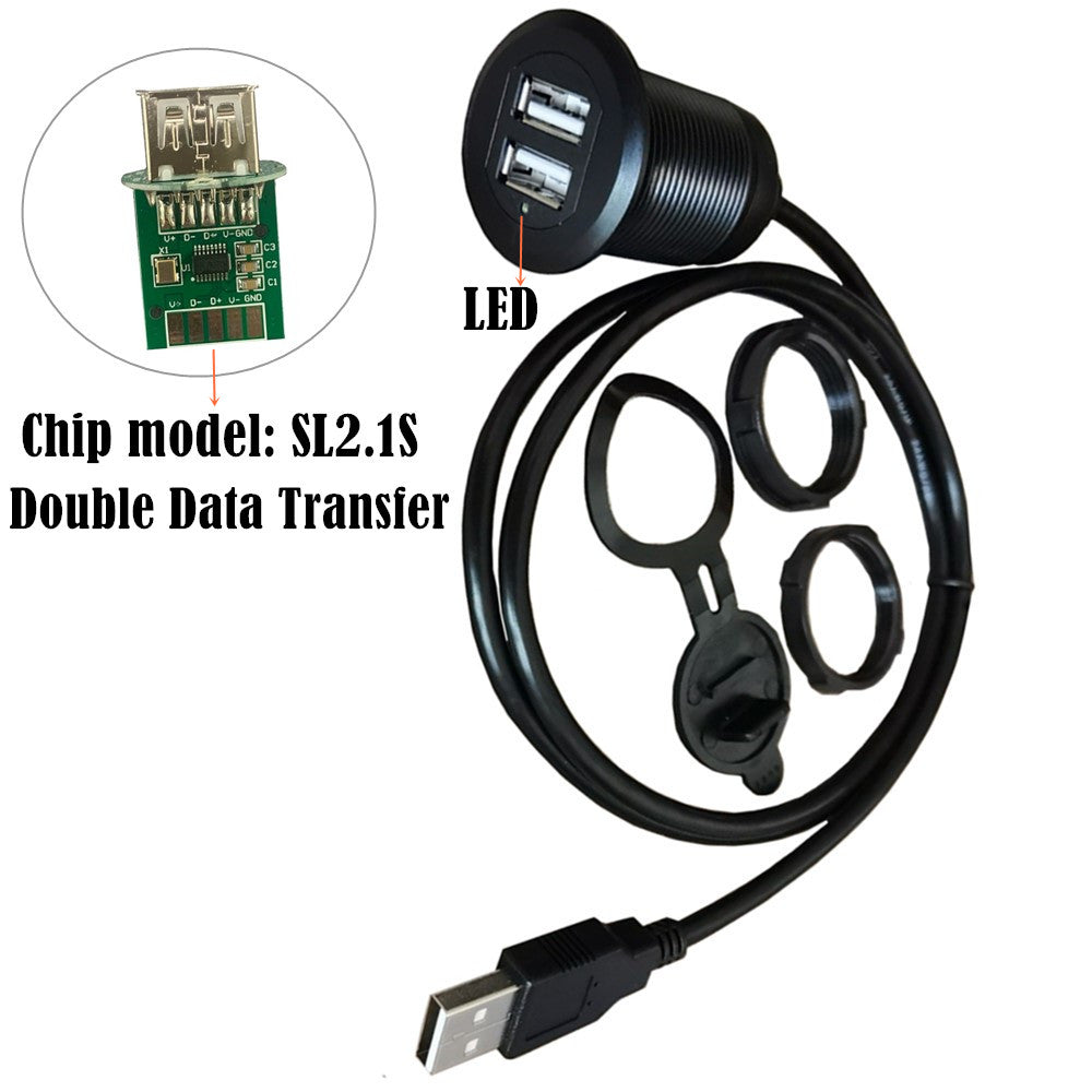 USB 2.0 Dual Ports Panel Flush Mount with LED light Extension Cable for Car Truck Boat Motorcycle Dashboard 1m