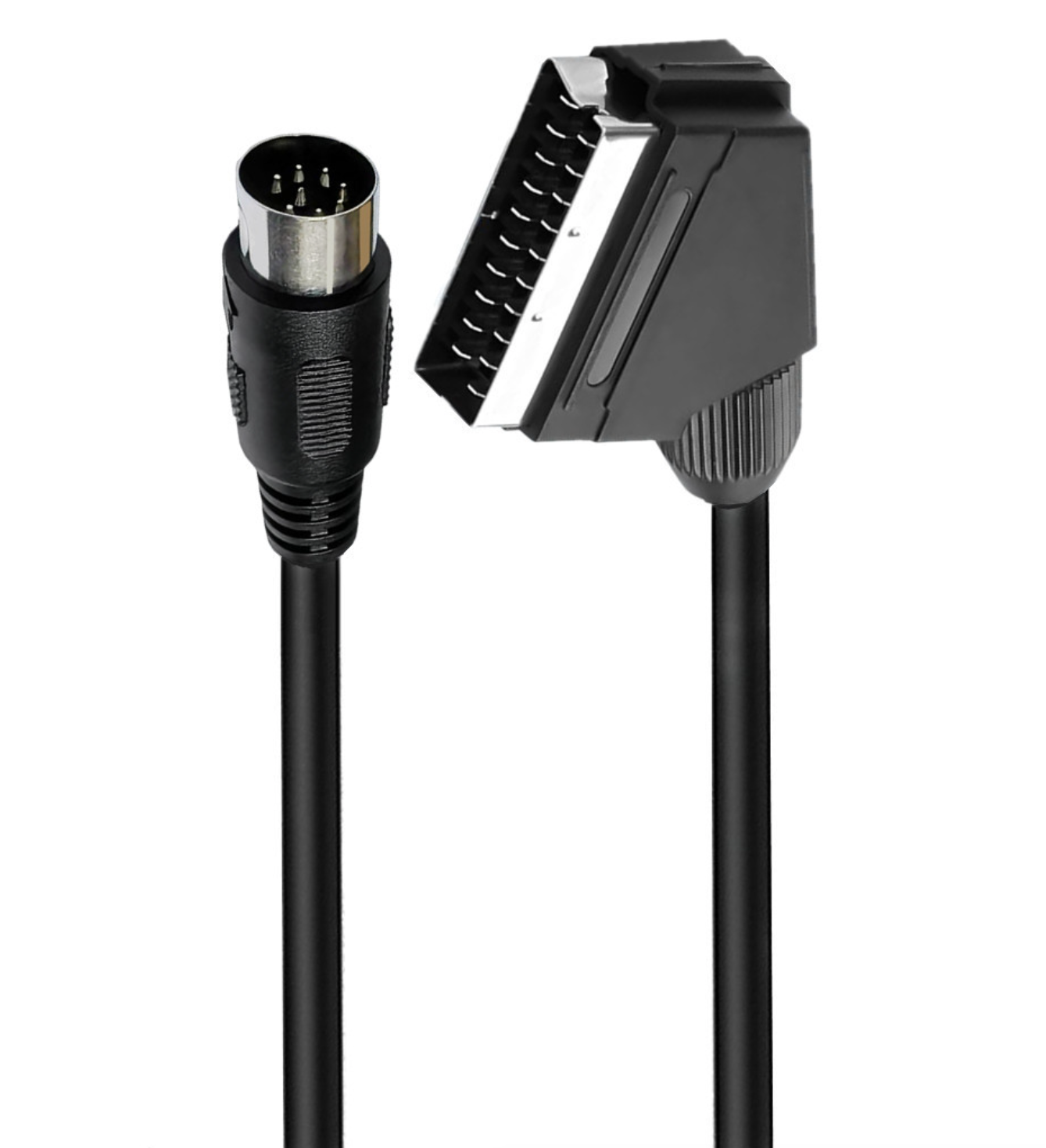Black audio cable with 6-pin DIN connector on a white background