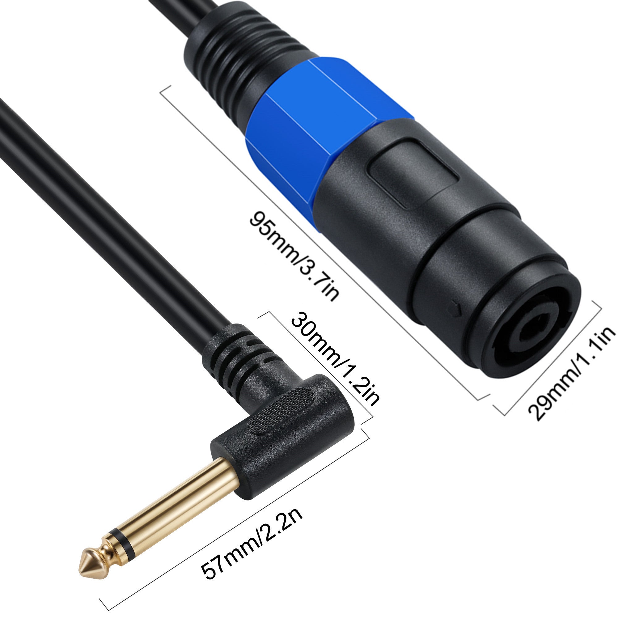 1/4" 6.35mm TS Male Angled Speaker Cable with Twist Lock 0.5m