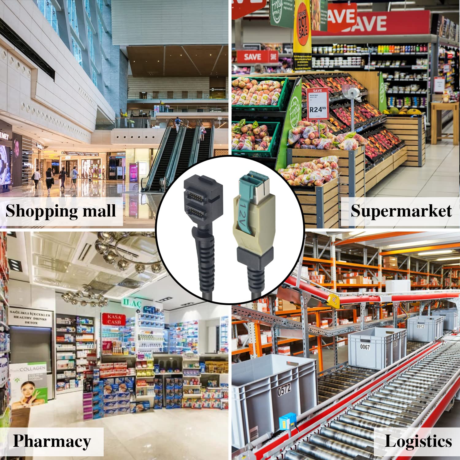 Scanner Cable for Verifone VX820, Dual 14pin IDC Female Power Supply to 12V Powered USB 8P Scan Extension Cable