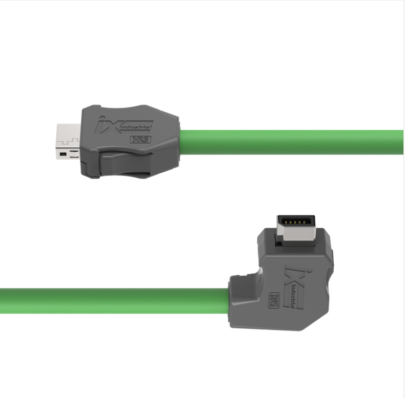 Green USB cable with gray connectors on a white background