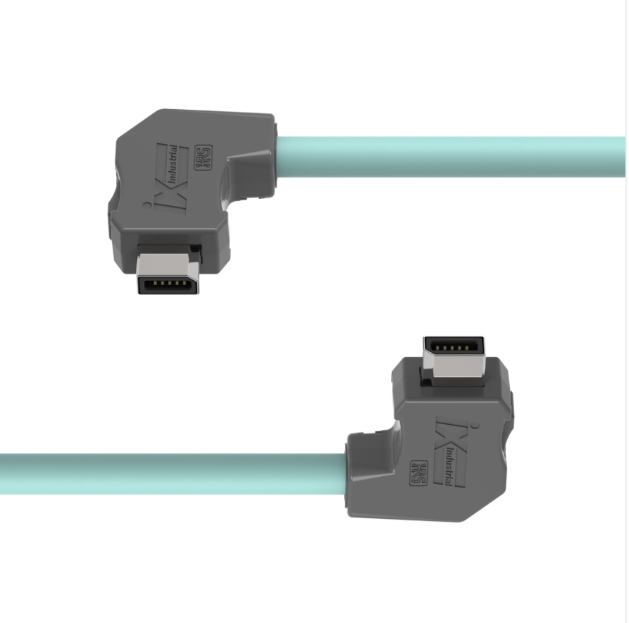 Two gray connectors with green cables on a white background