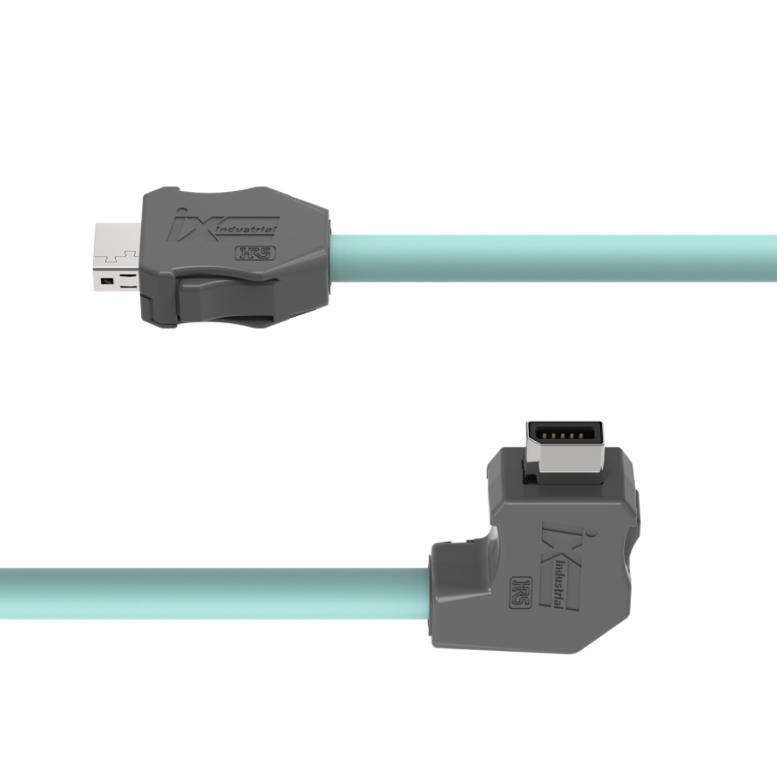 Two USB connectors with a light blue cable on a white background