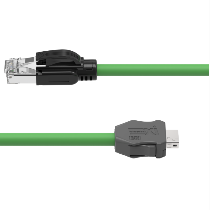 Green Ethernet cable with network and USB connectors on a white background