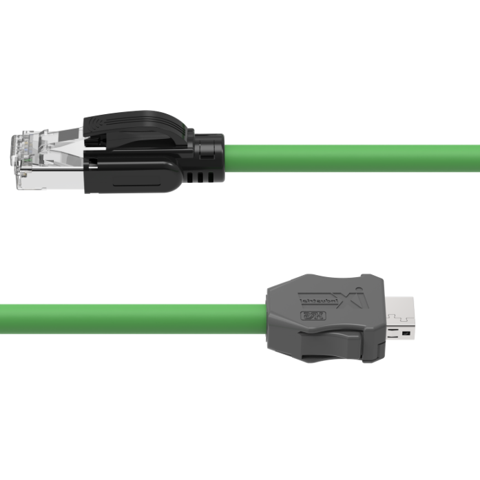 Green Ethernet cable with network and USB connectors on a white background