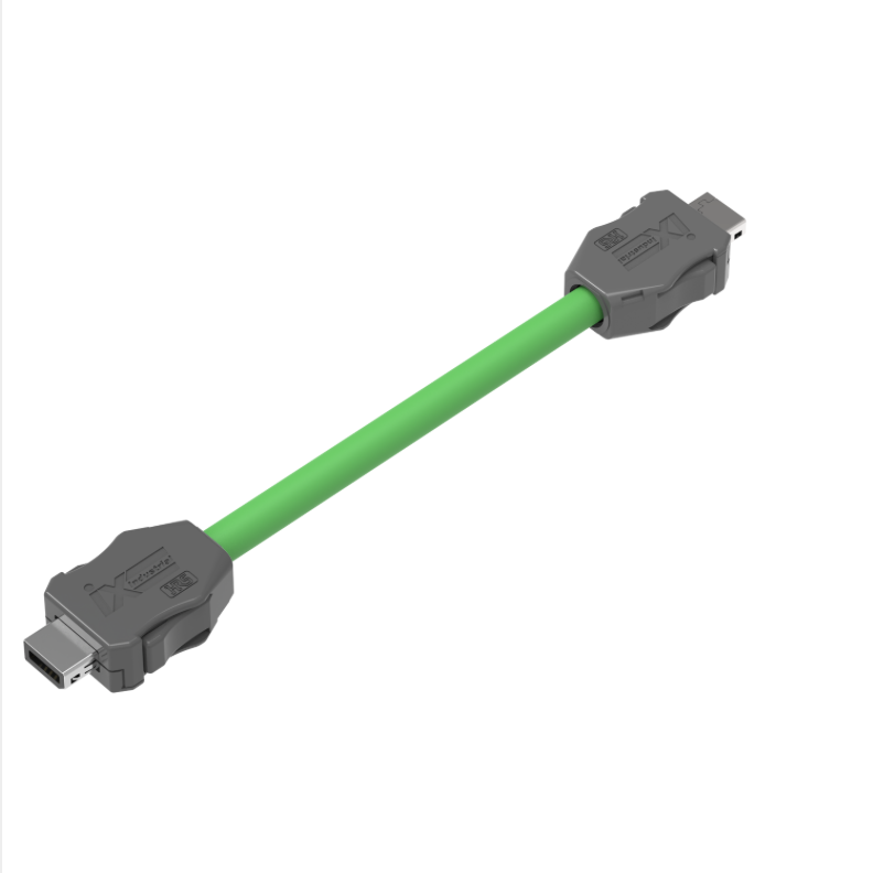 Green cable with gray connectors on a white background
