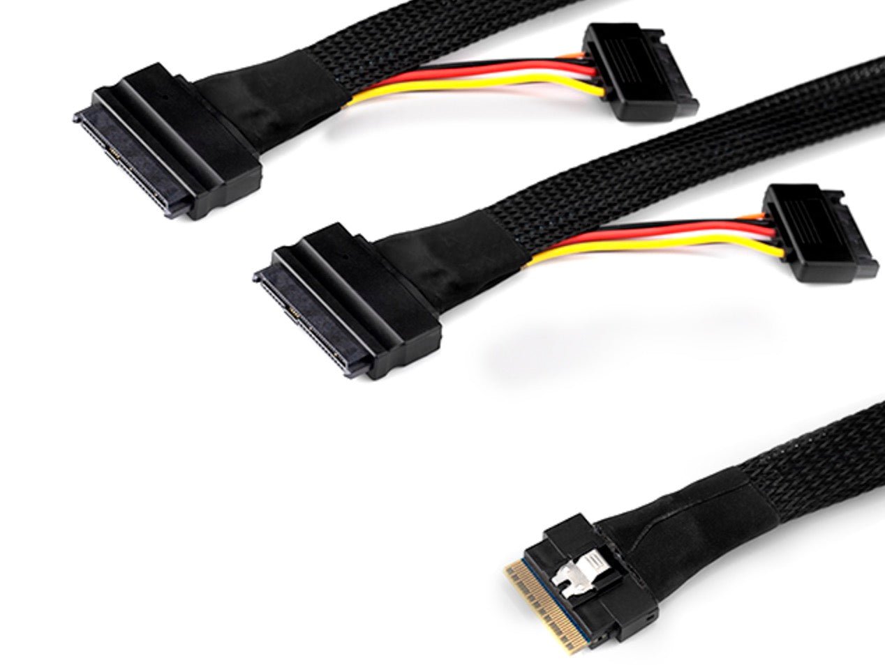 A set of black server cables with connectors including SATA and SlimSAS connectors.