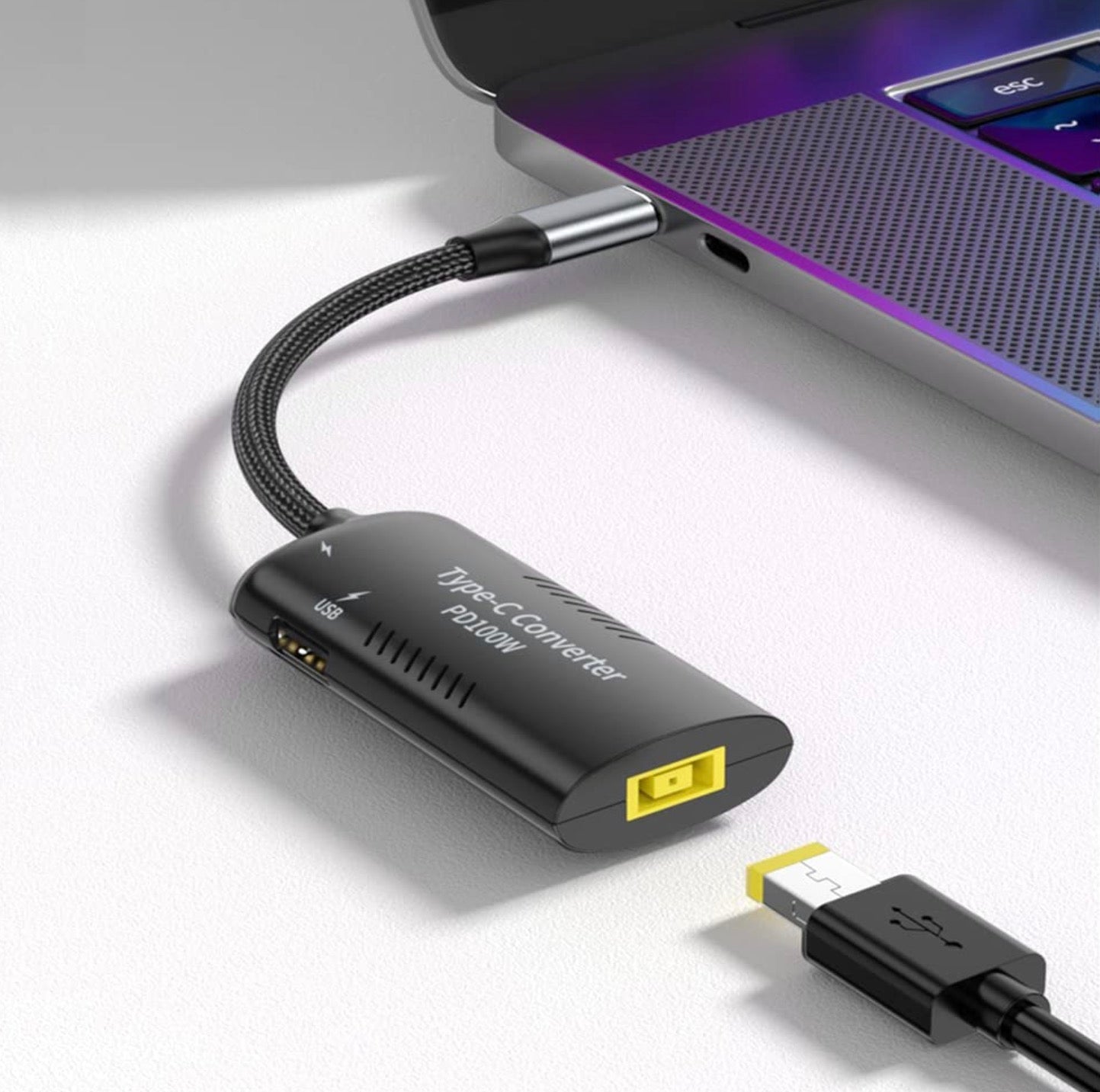 Square Slim Tip power input to USB C PD 100W 5A charging converter adapter with short USB C lead