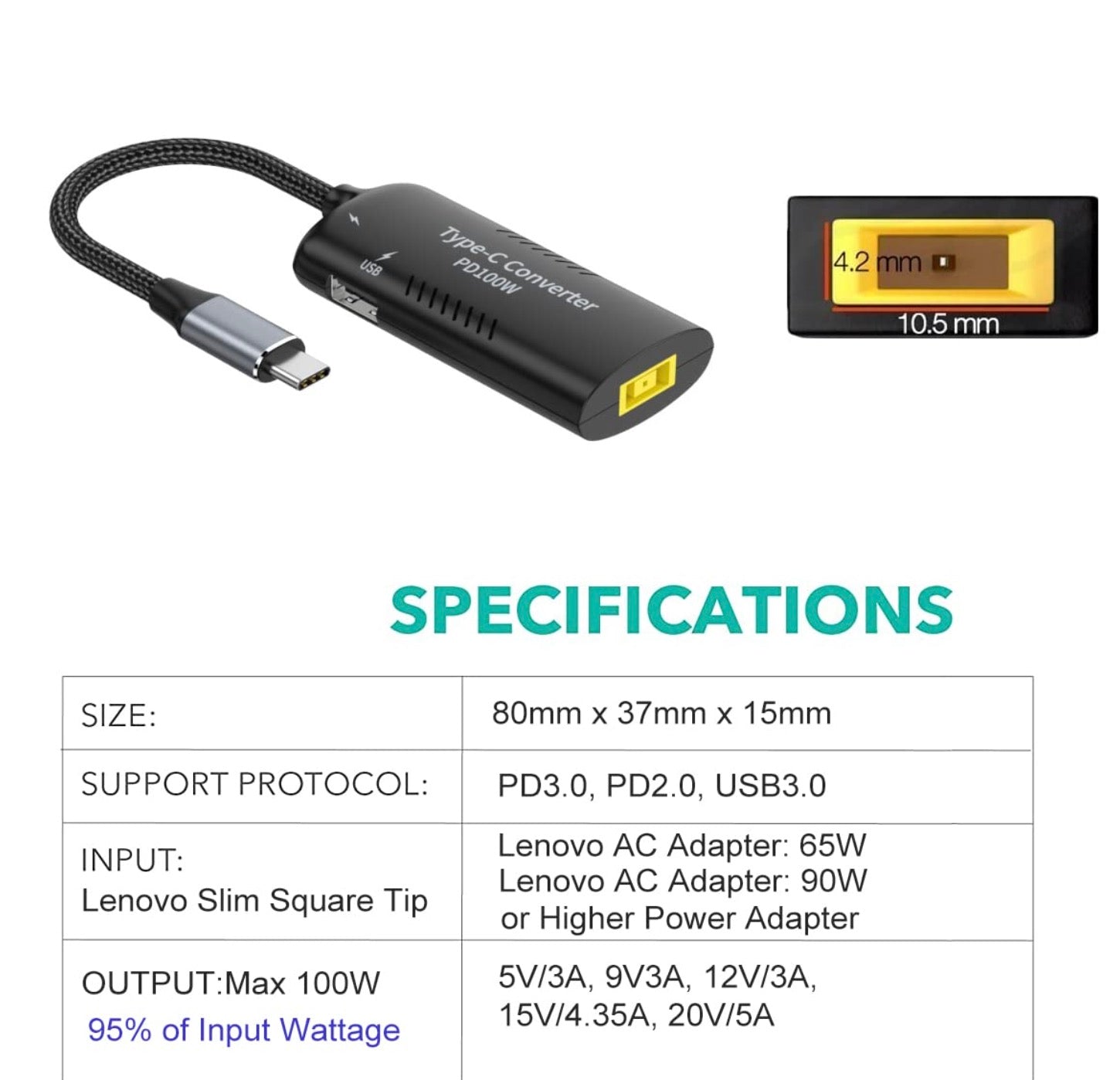 Square Slim Tip power input to USB C PD 100W 5A charging converter adapter with short USB C lead