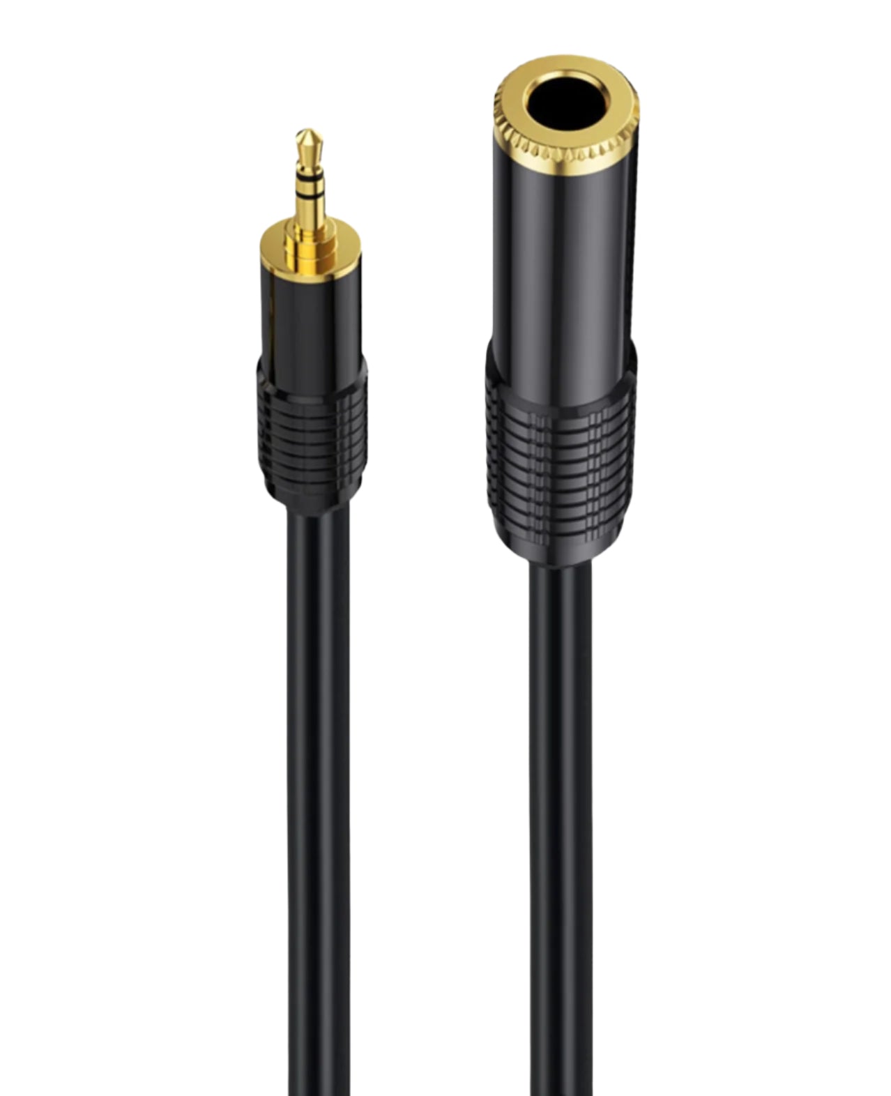 Black audio cable with gold connector on a white background
