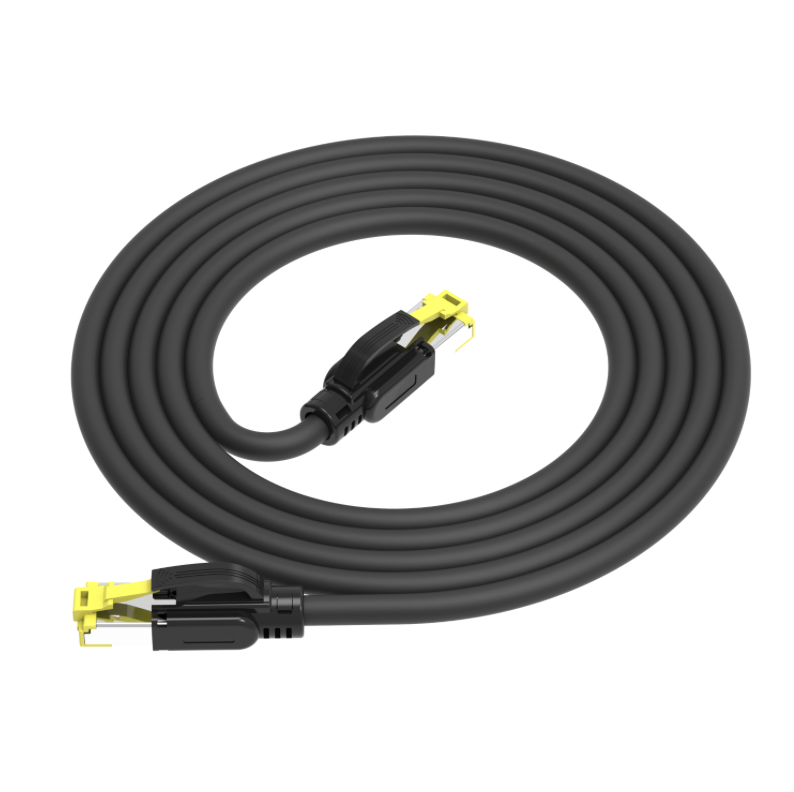Straight view of black PUR-jacket CAT6A S/FTP cable showing flexible industrial jacket and connector detail.