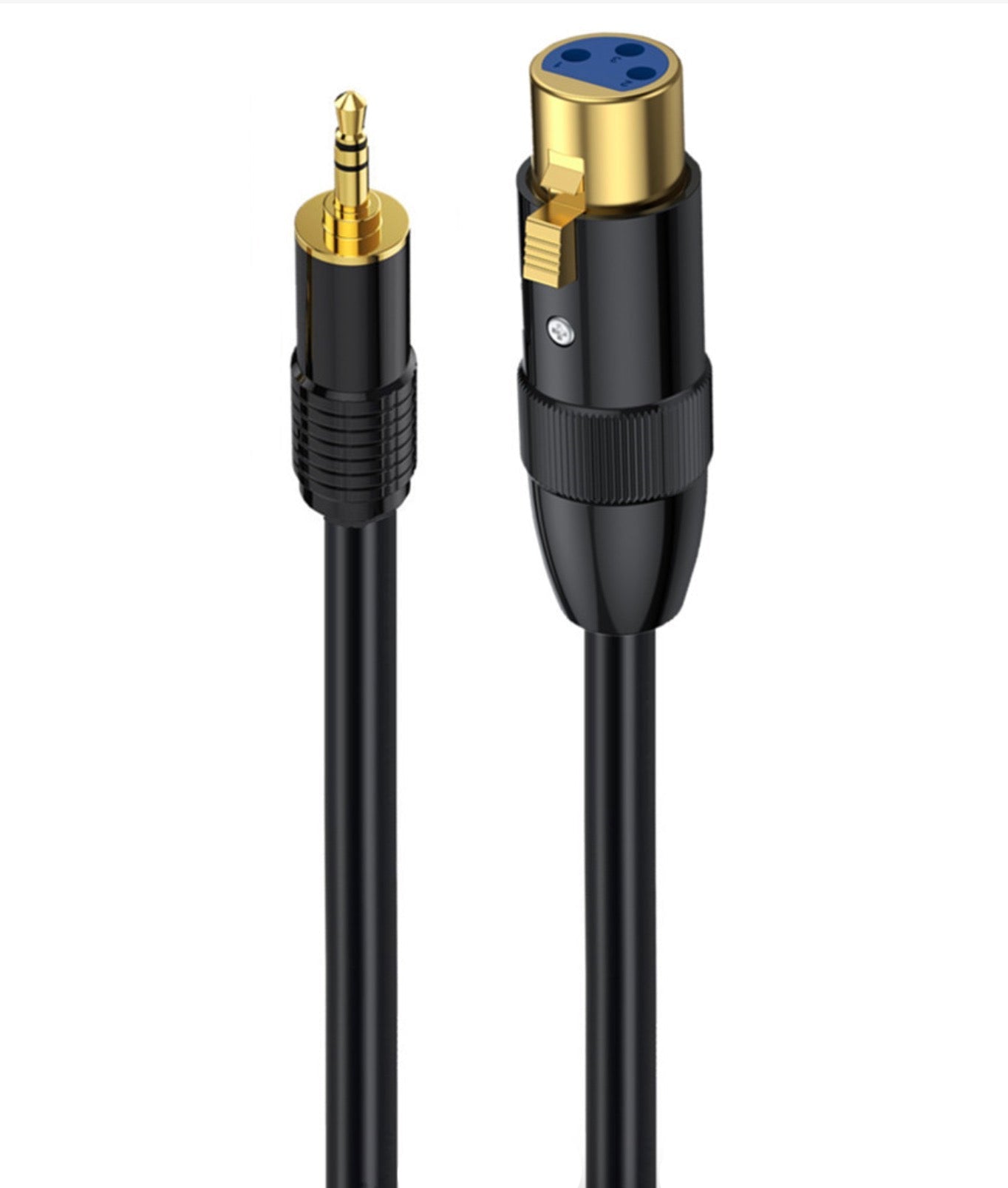 Audio cable with gold and blue connectors on a white background