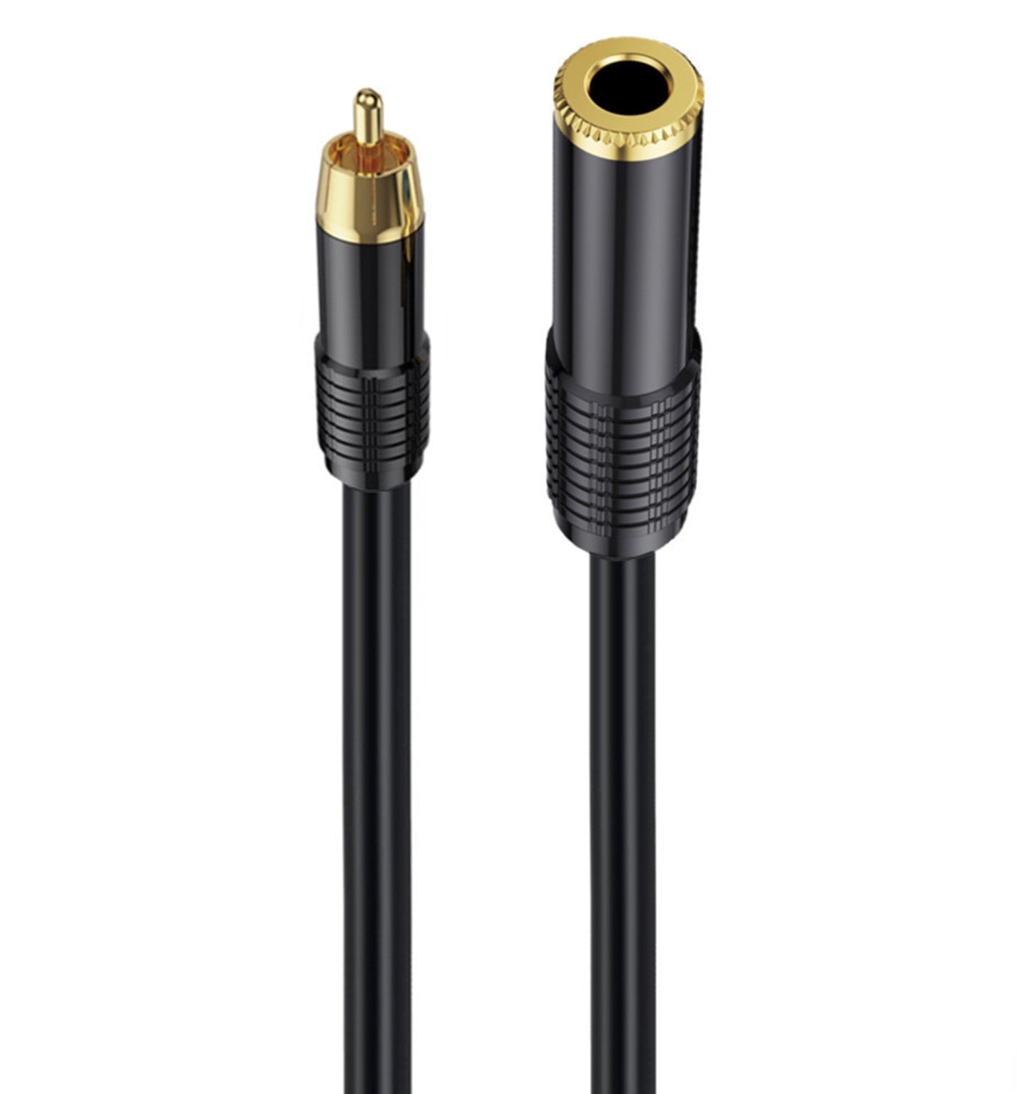 A black 6.35mm female to RCA male audio converter cable with gold-plated connectors.