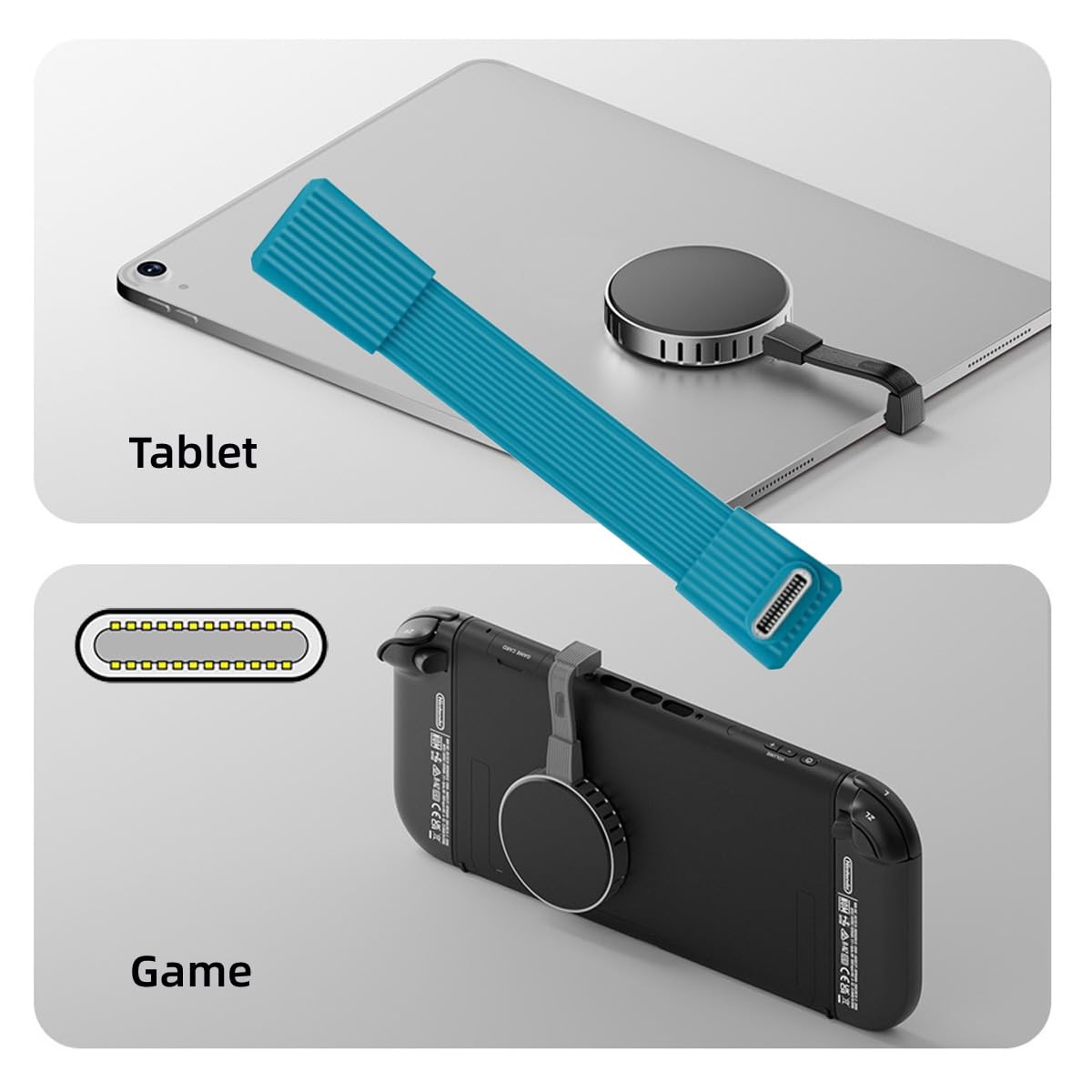 Tablet and smartphone holders with blue and black stands on a gray background