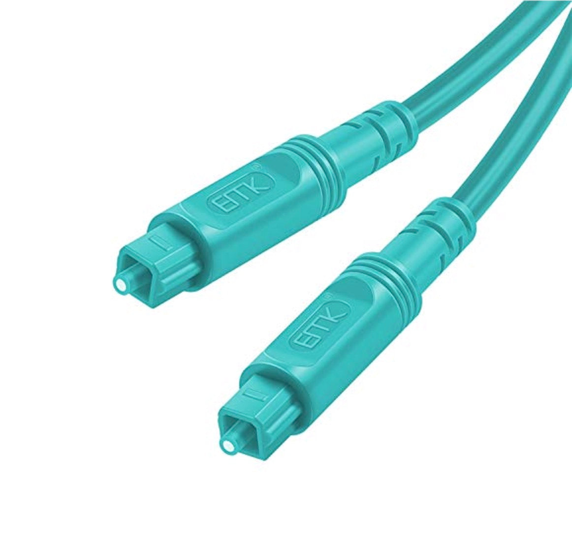 A blue Toslink optical cable with male connectors on both ends