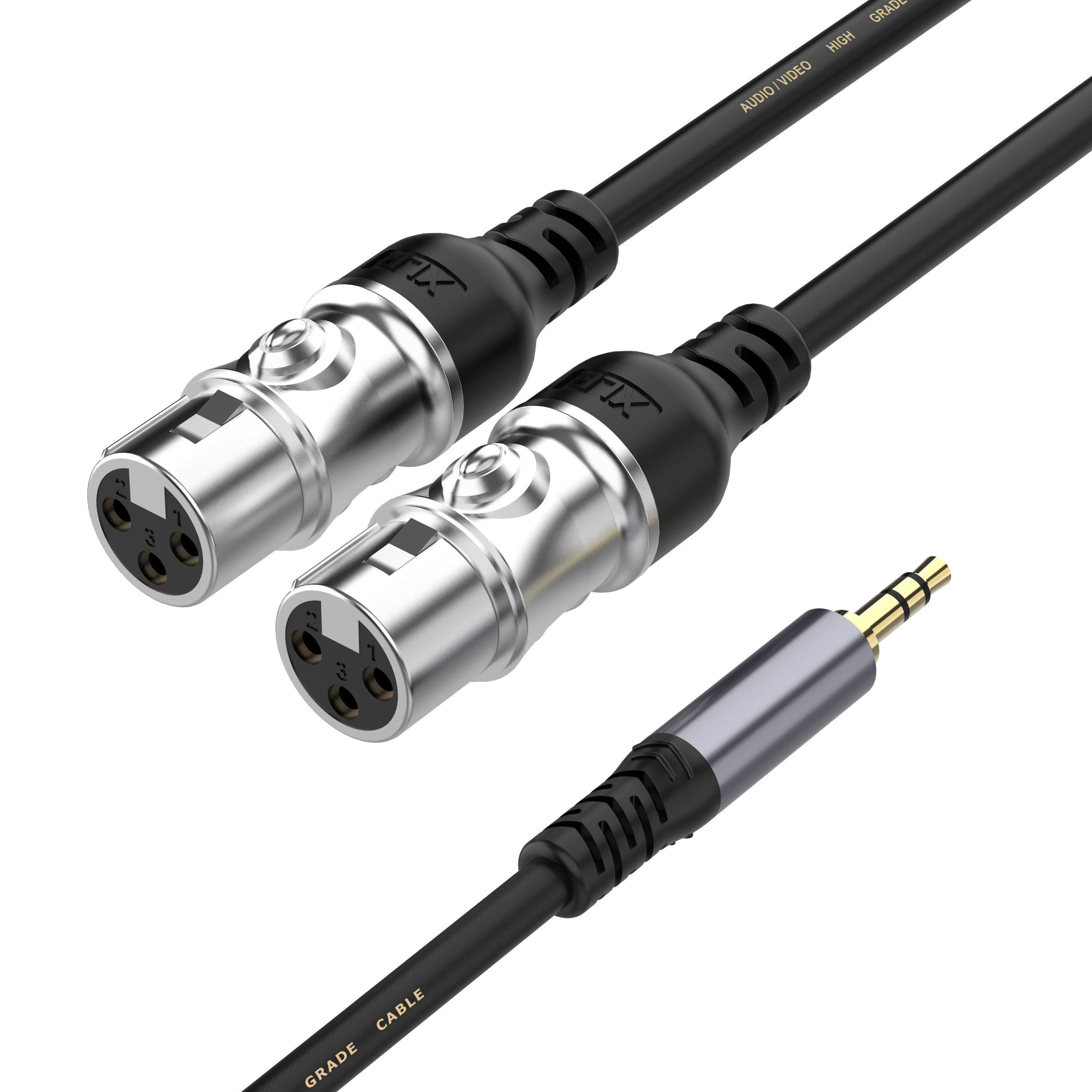 Twin XLR female to 3.5mm mini jack Y-splitter breakout cable for recording, video and professional audio use