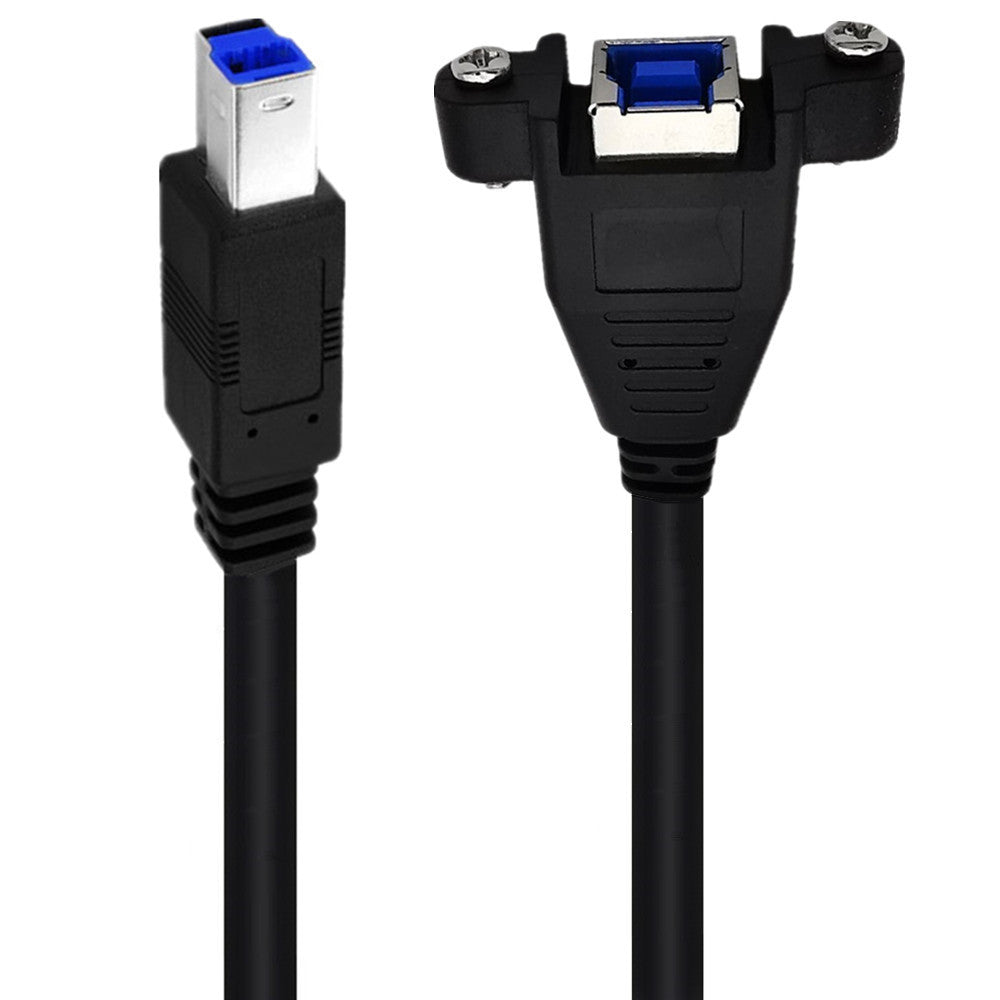 A black USB 3.0 Type B Male to USB 3.0 Type B Female extension cable with panel mount features.