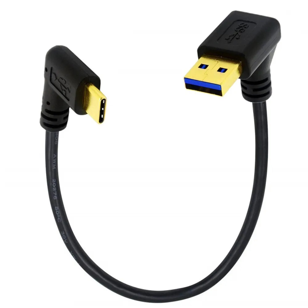 A black USB-A to USB-C cable with gold plated connectors, up angled male to USB-C right/left angled male connector.