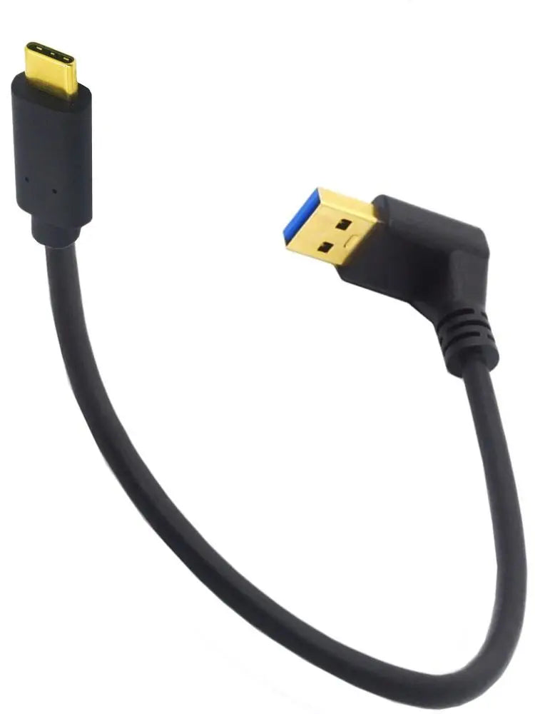 A black USB-A to USB-C cable with an up angle connector, featuring gold plated connectors.