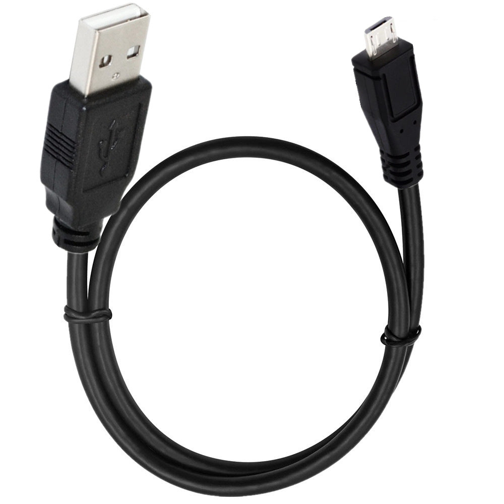 The image shows a black USB 2.0 Type A to Micro B 5Pin Male data charging cable with a USB A male connector on one end and a Micro B 5Pin male connector on the other.