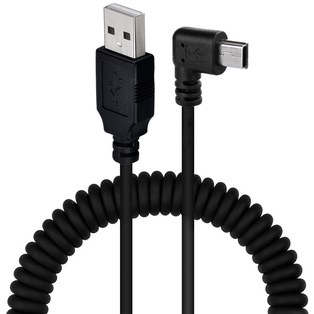 A black USB 2.0 A male to Mini 5Pin data charging cable with a coiled design and molded strain relief connectors.