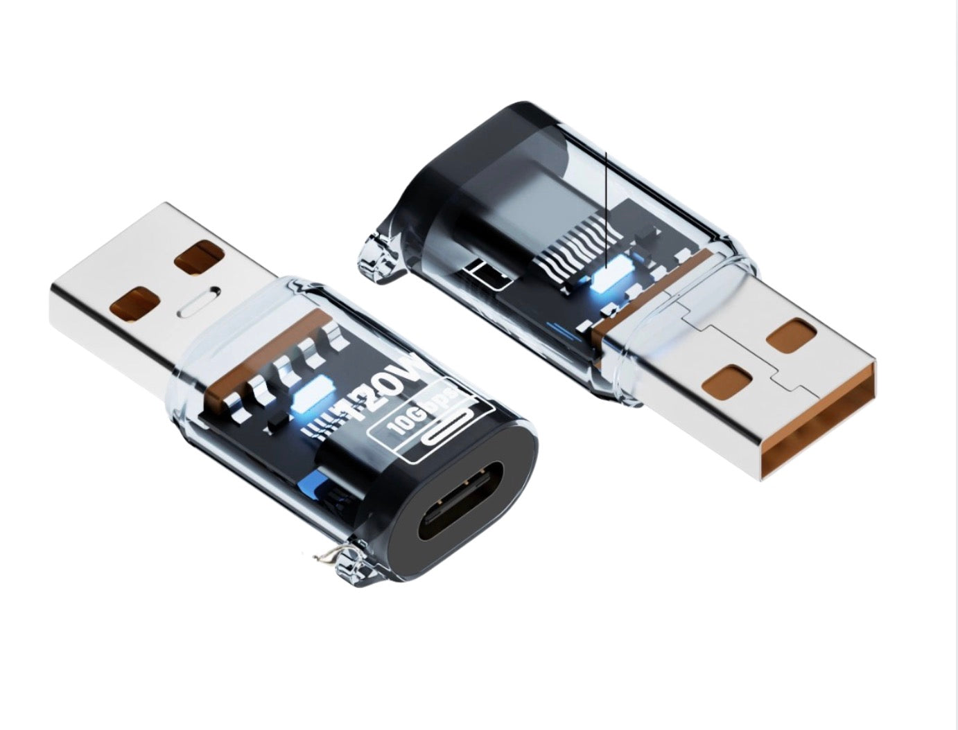 A USB C extension adapter with USB A Male to USB C Female connection, available in multiple colors including black, blue, yellow, and transparent.